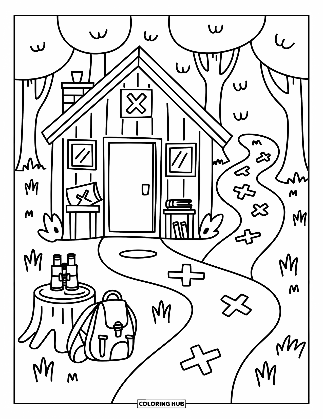 Letter X Coloring Page for Adults: Cabin with an X above the door, tiny map tools, and a forest trail