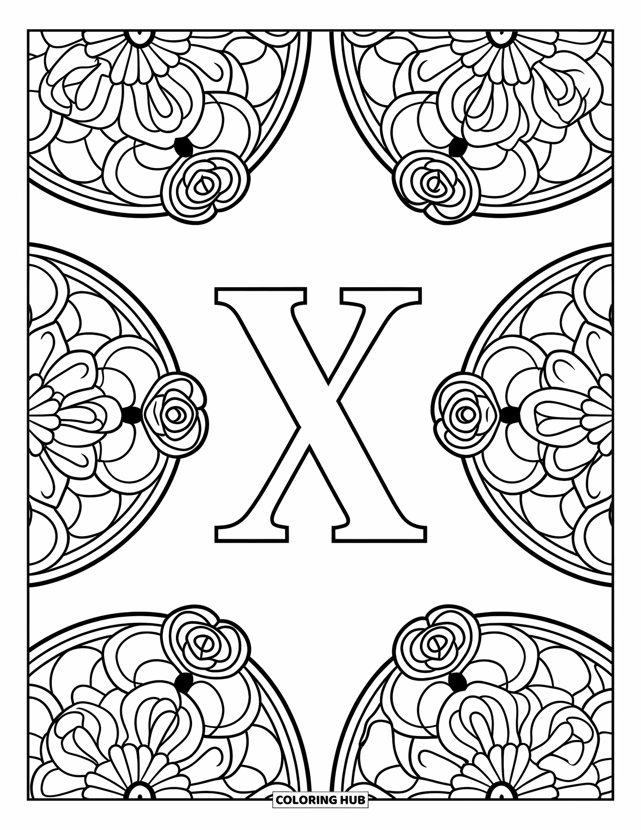 Letter X Coloring Page for Adults: Centered X glows inside rose-lined vine mandalas with delicate patterns