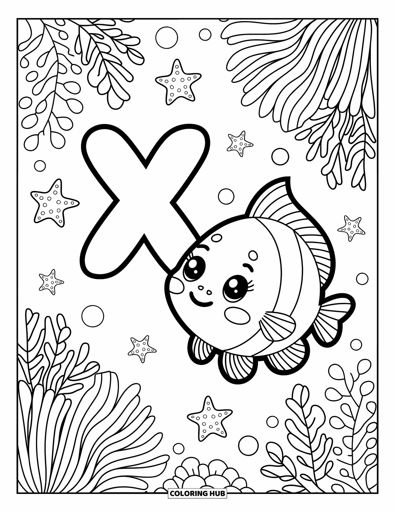 Letter X Coloring Page for Adults: Cute swordfish swims under a floating X surrounded by cozy underwater plants