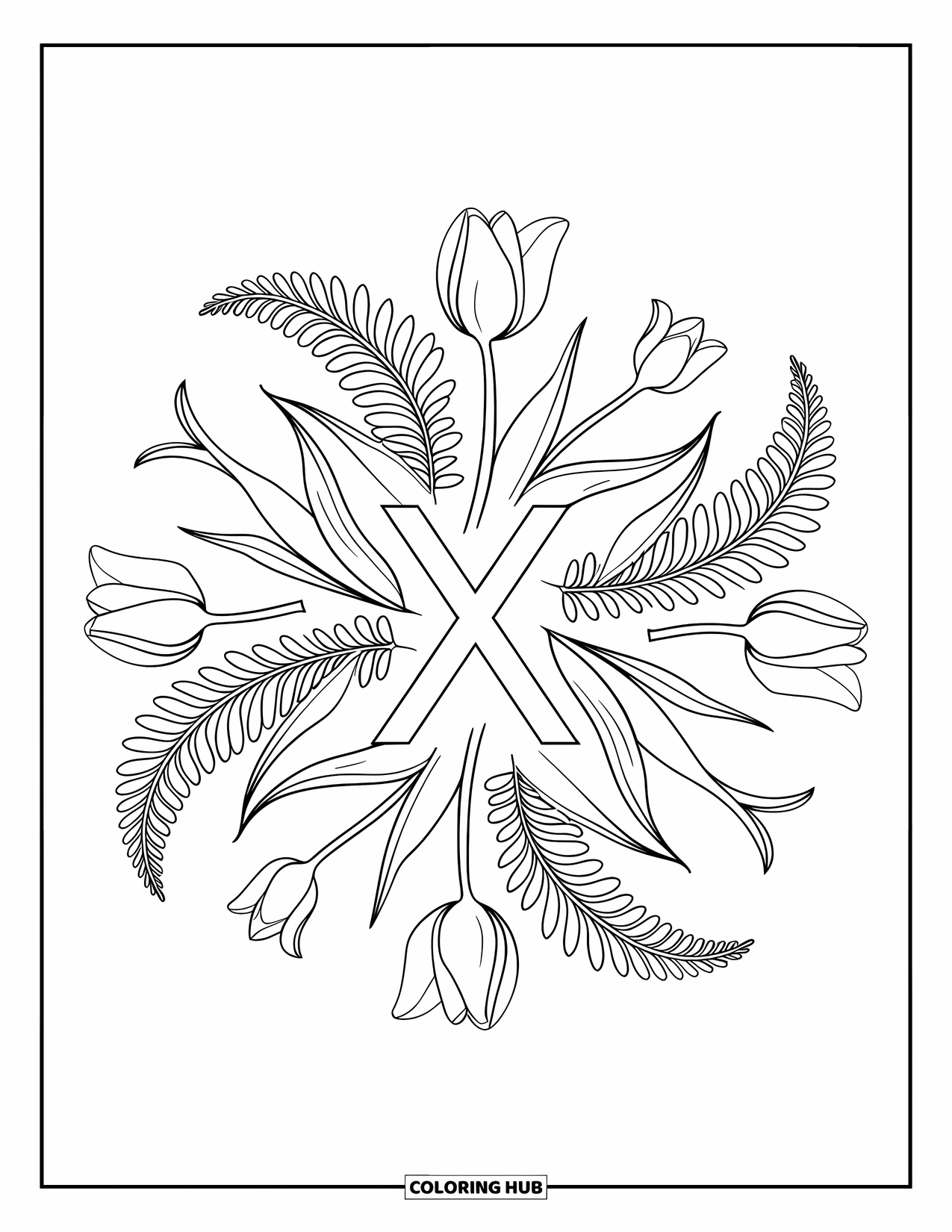 Letter X Coloring Page for Adults: Full-page mandala of leaves and tulips blooms around a centered X