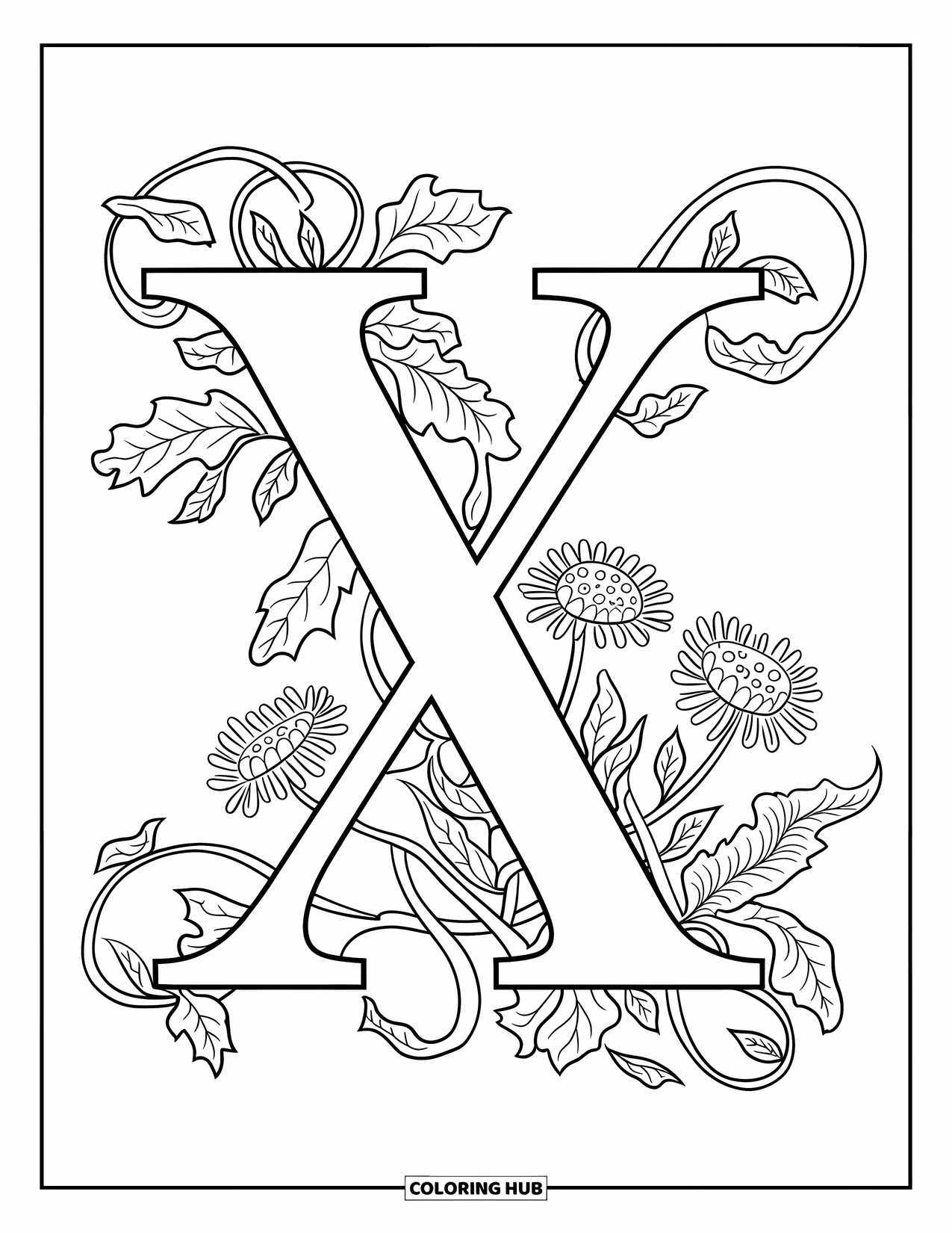 Letter X Coloring Page for Adults: Ivy vines and flowers wind around a bold X on a crisp white background