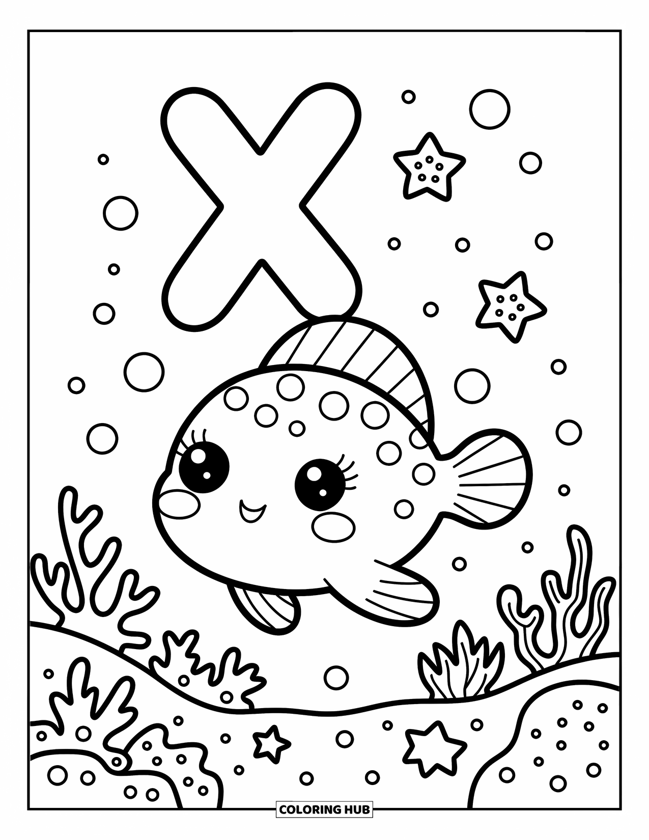Letter X Coloring Page for Adults: Kawaii underwater world with a curious xiphias and a floating X above coral