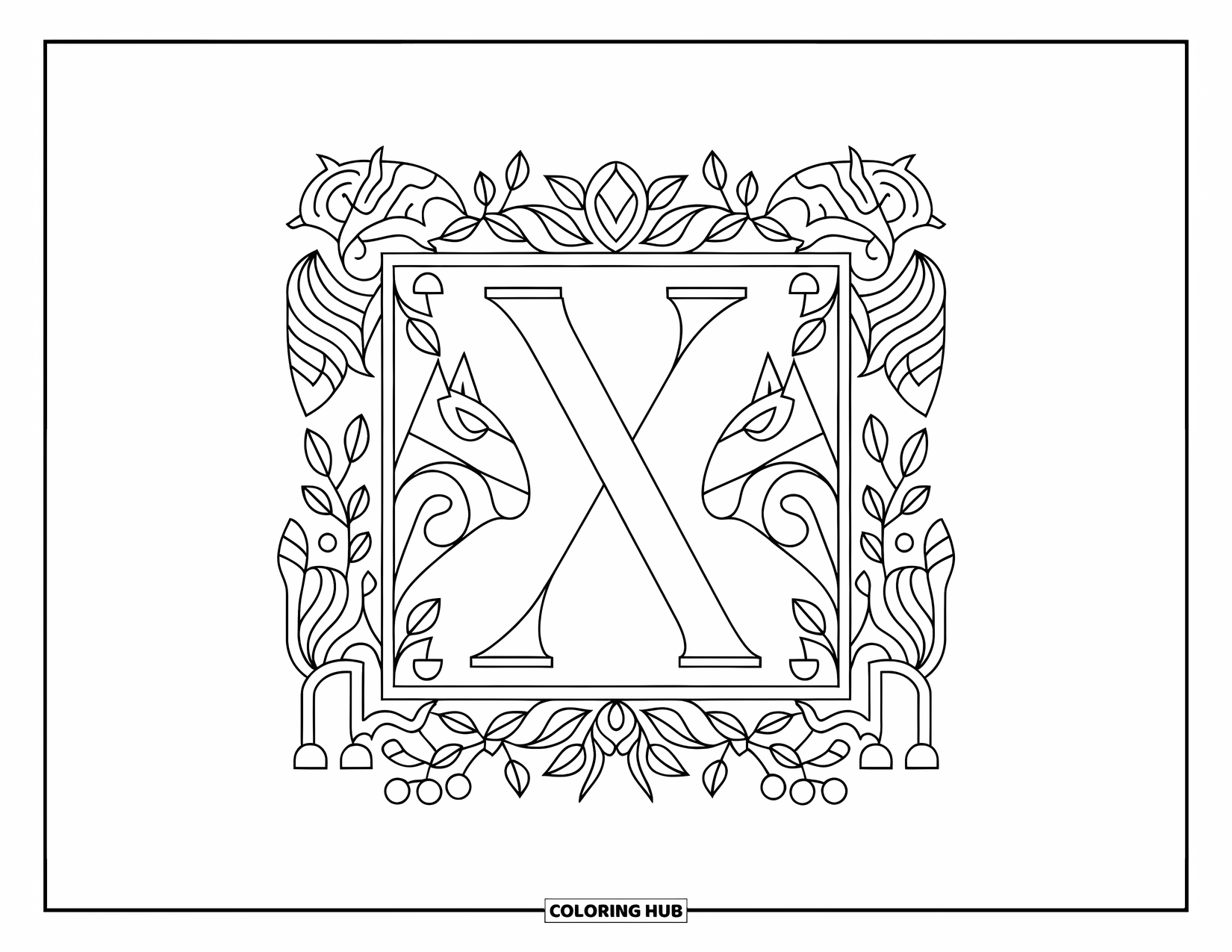 Letter X Coloring Page for Adults: Letter X bordered by foxes and vines in a whimsical woodland style