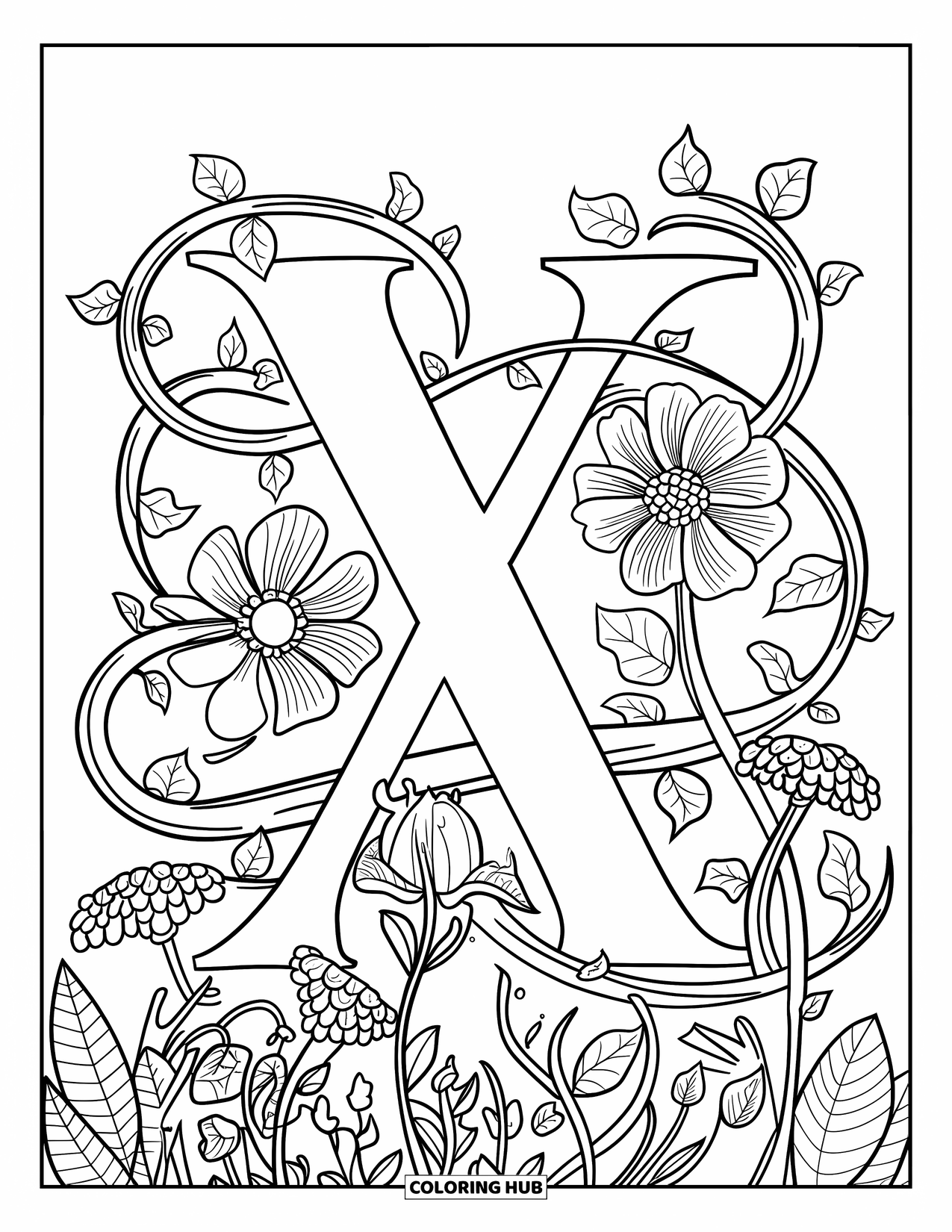 Letter X Coloring Page for Adults: Letter X nestled in twisting ivy and wild garden flowers