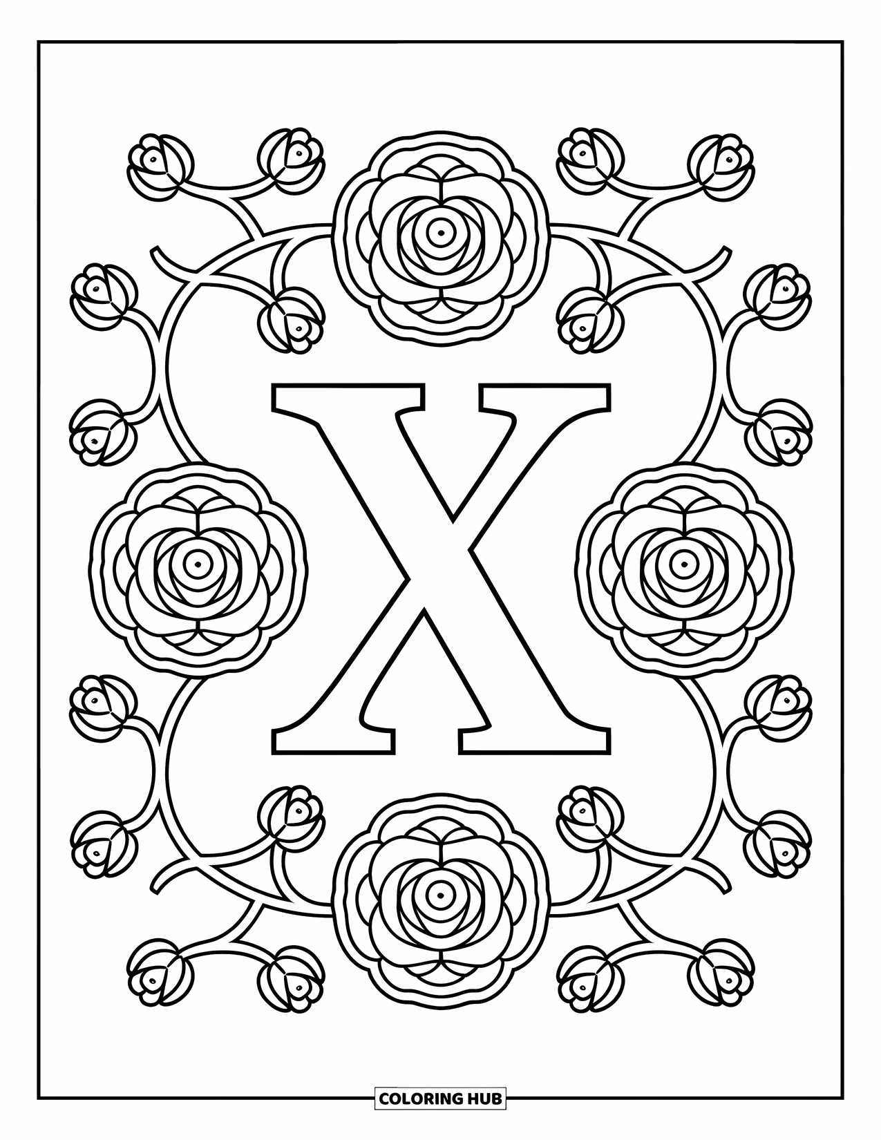 Letter X Coloring Page for Adults: Letter X rests among symmetrical vine mandalas with blooming roses