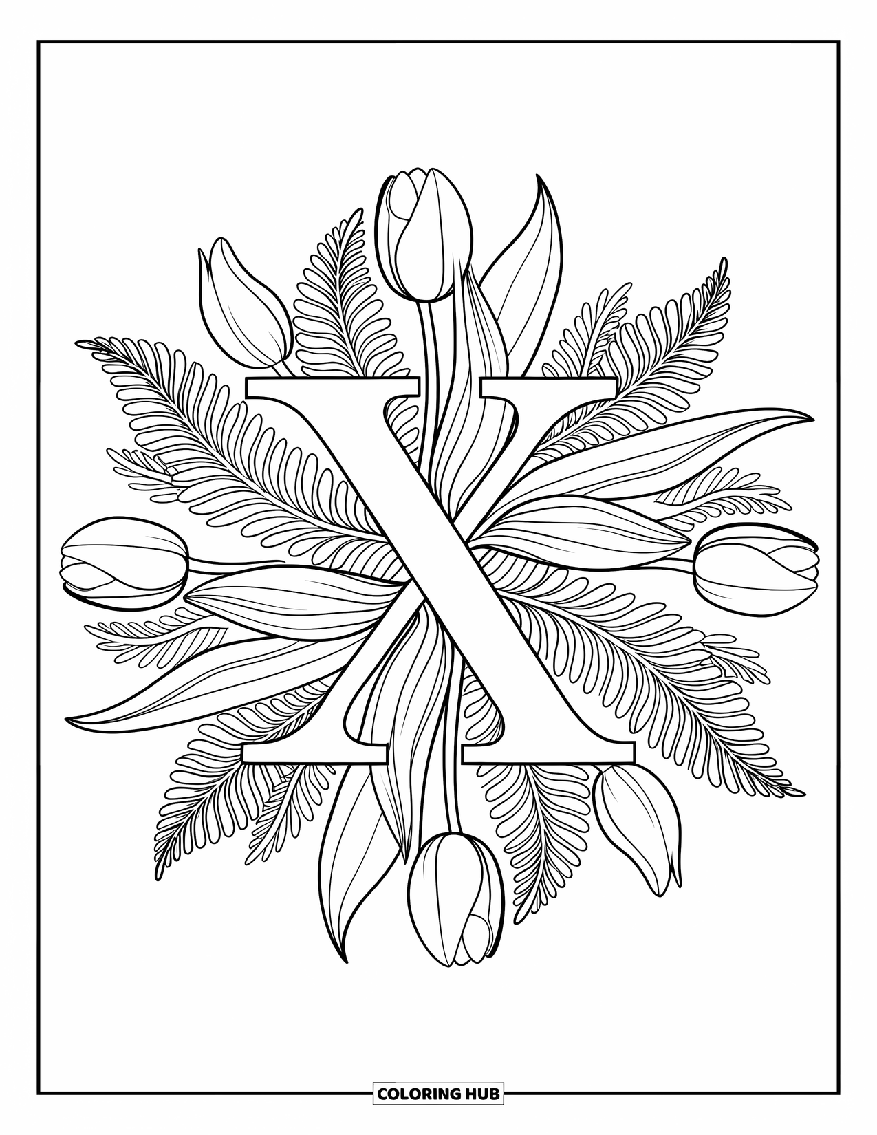 Letter X Coloring Page for Adults: Letter X sits in the center of a tulip-and-fern leaf botanical mandala