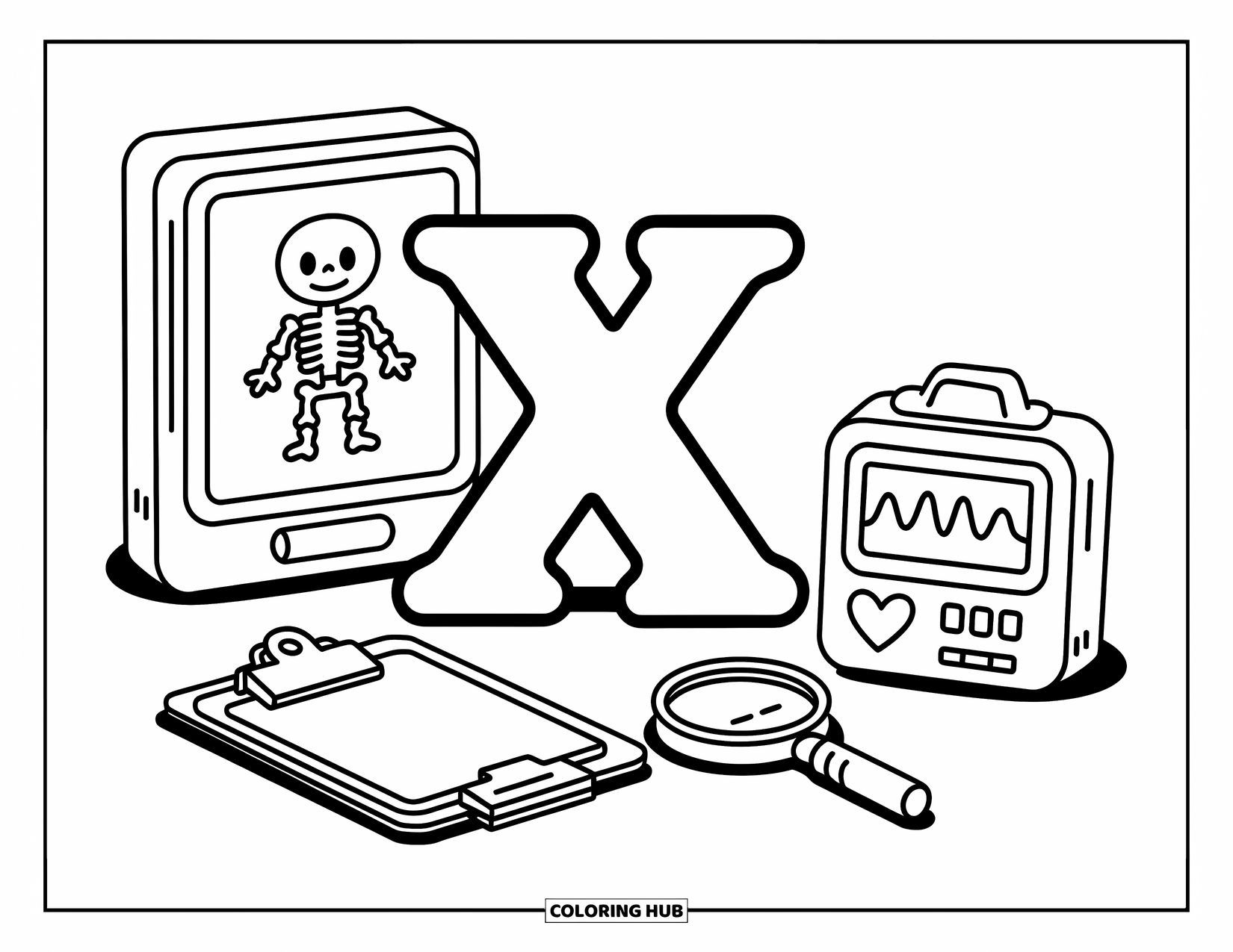 Letter X Coloring Page for Adults: Letter X stands by a cheerful x-ray skeleton and medical gear in a playful clinic