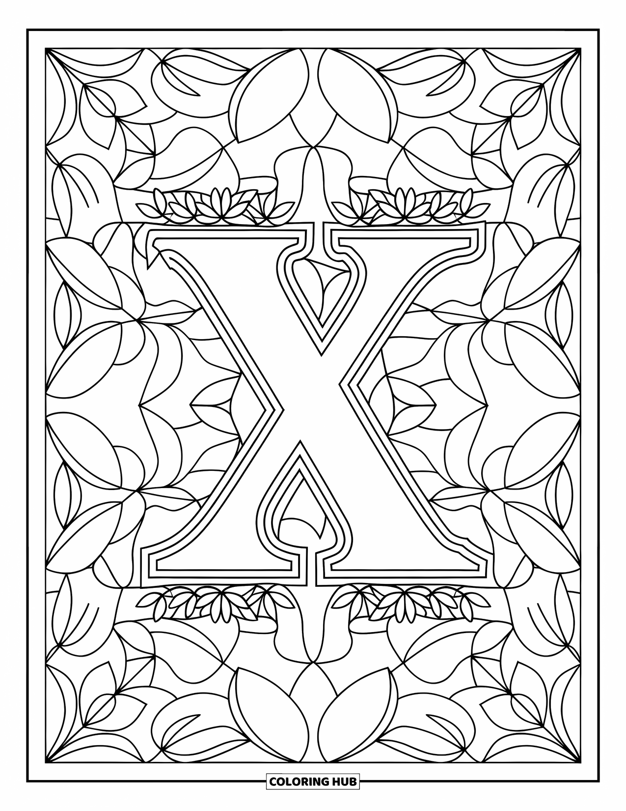 Letter X Coloring Page for Adults: Ornate X wrapped in a leafy geometric border across the full page