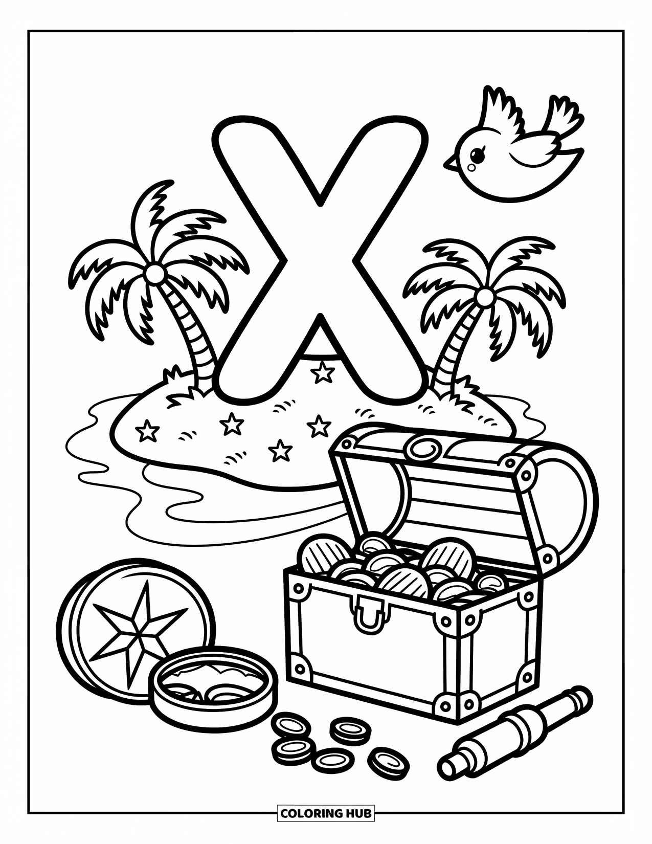Letter X Coloring Page for Adults: Treasure island with a big X, cute bird, and cozy map and chest details