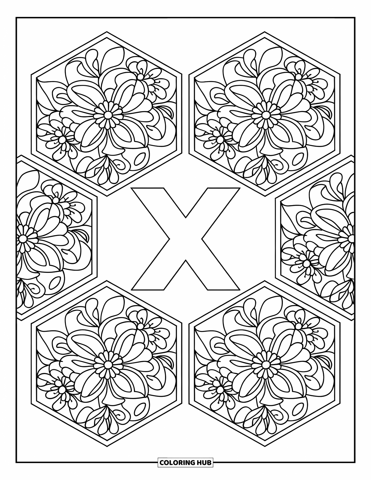 Letter X Coloring Page for Adults: X at the center of layered hexagons filled with floral patterns