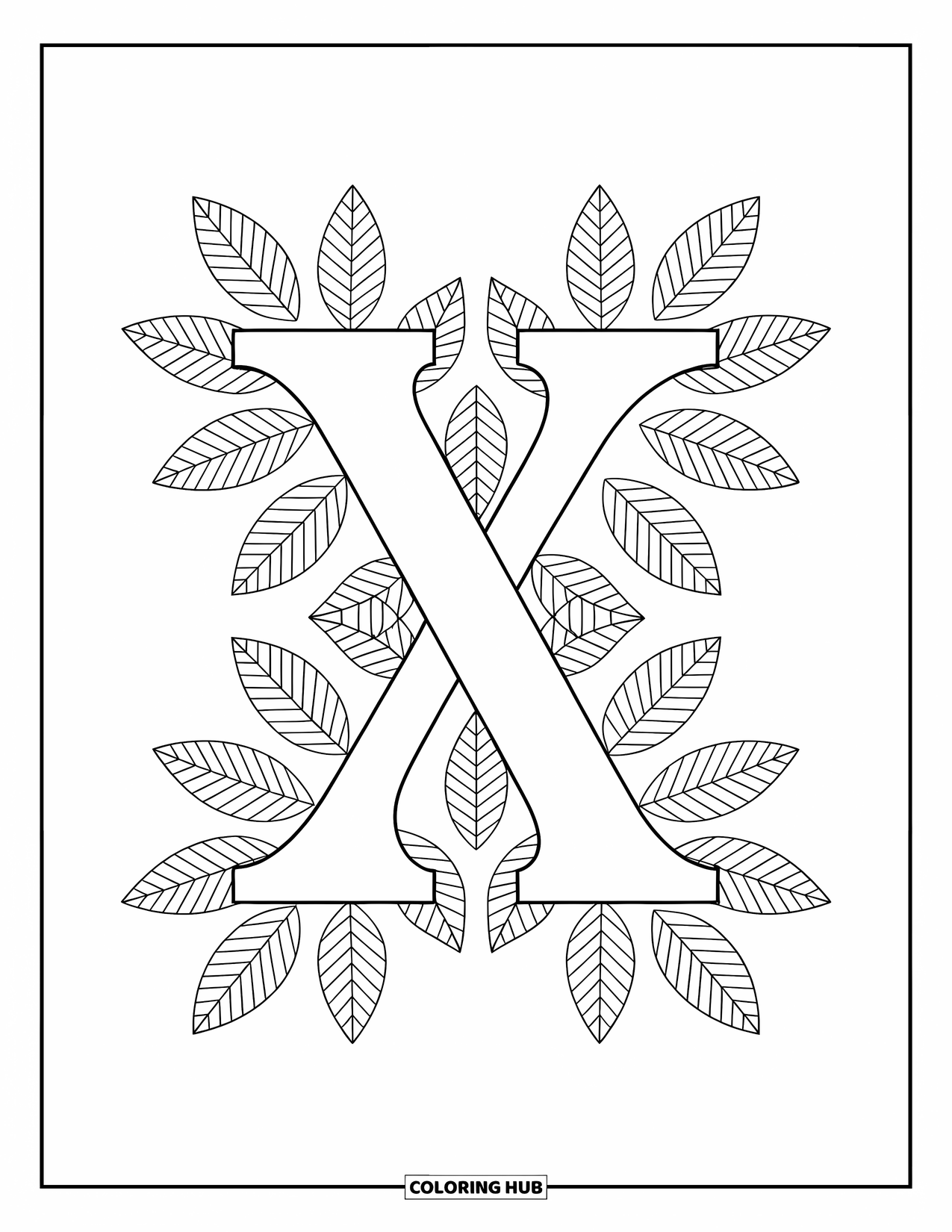 Letter X Coloring Page for Adults: X framed in detailed, interwoven leaves and floral geometric lines