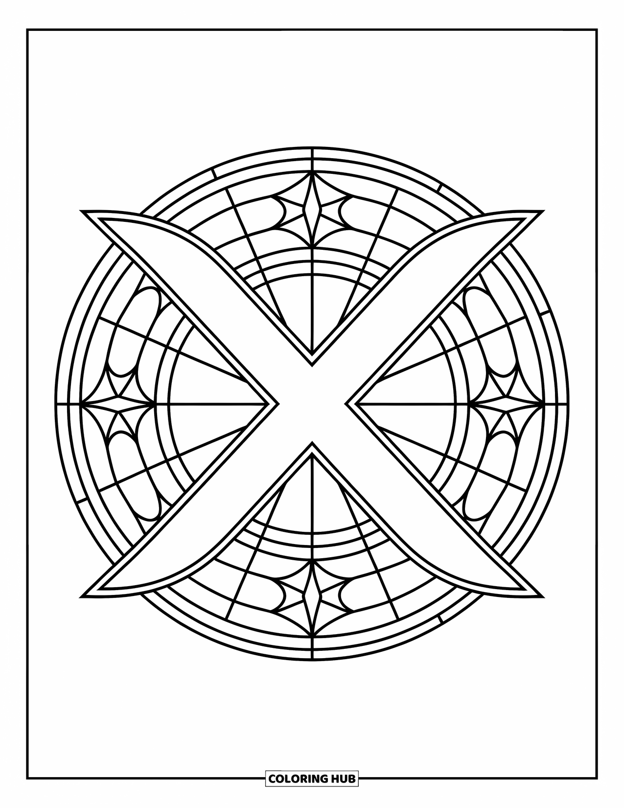 Letter X Coloring Page for Adults: X in the middle of a radiant stained glass ring filled with shapes