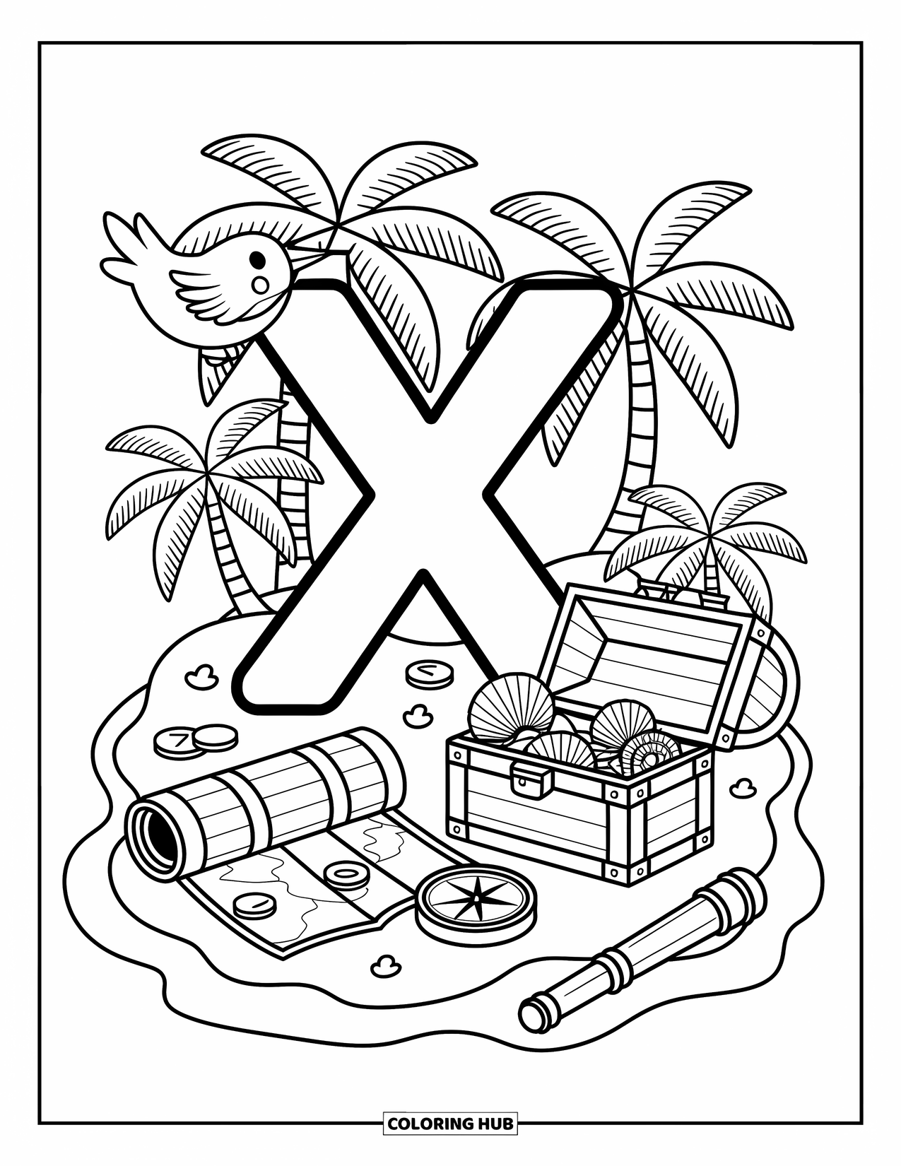 Letter X Coloring Page for Adults: X marks the spot on a cute island with palm trees and a treasure chest