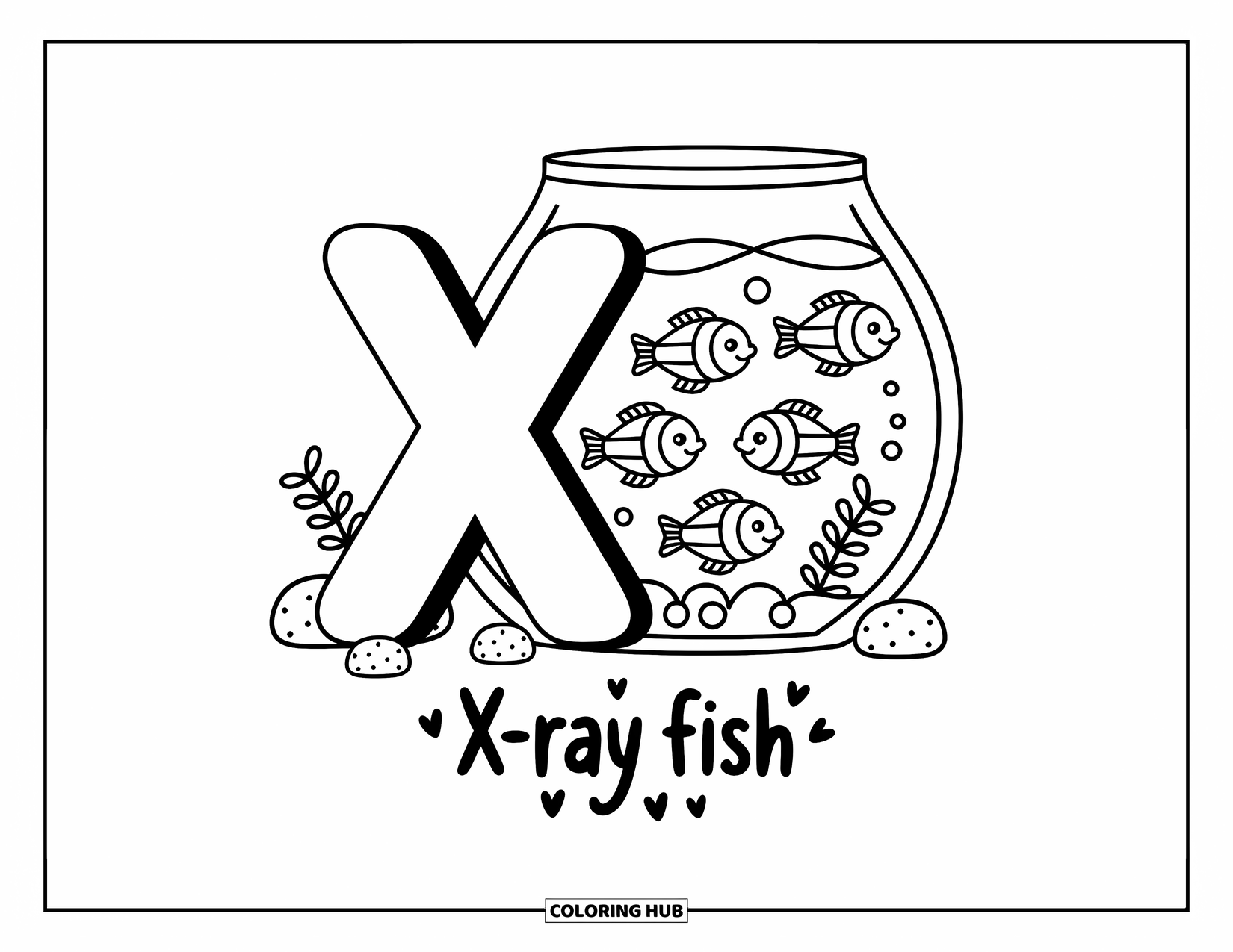 Letter X Coloring Page for Adults: X next to a tank full of kawaii x-ray fish and a bubble wand