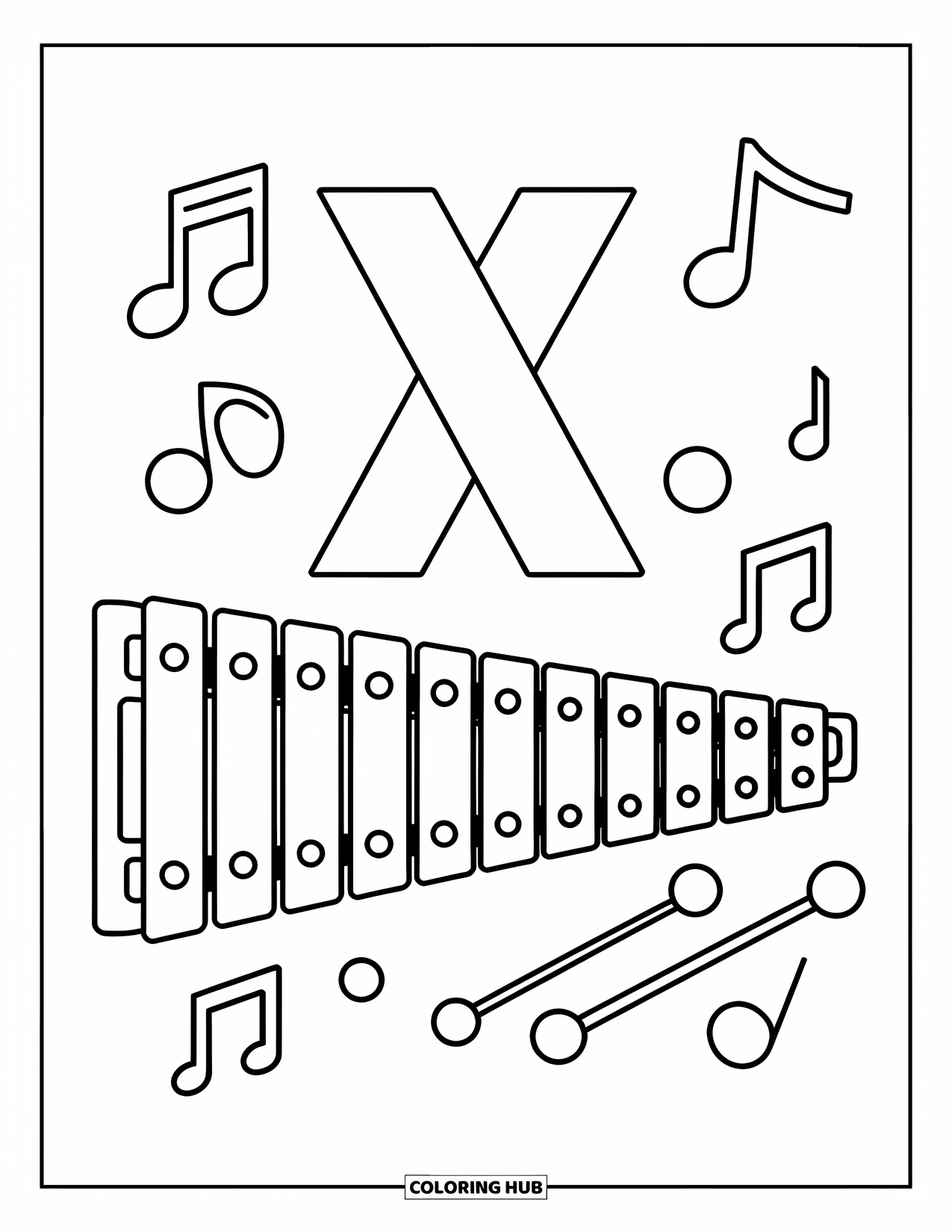 Letter X Coloring Page for Kids: Big X beside a xylophone with floating music notes