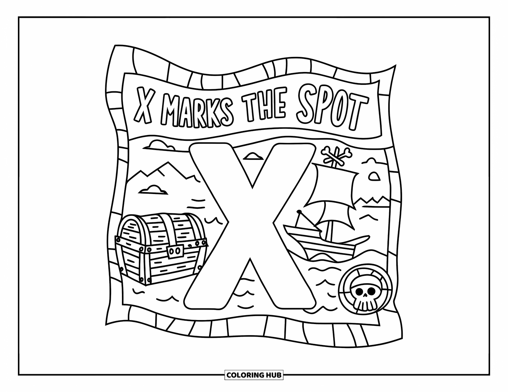 Letter X Coloring Page for Kids: Big X with a fun treasure map and pirate elements