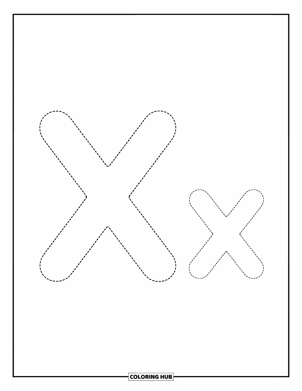 Letter X Coloring Page for Kids: Easy-to-trace X and x with clear dotted lines on a clean background