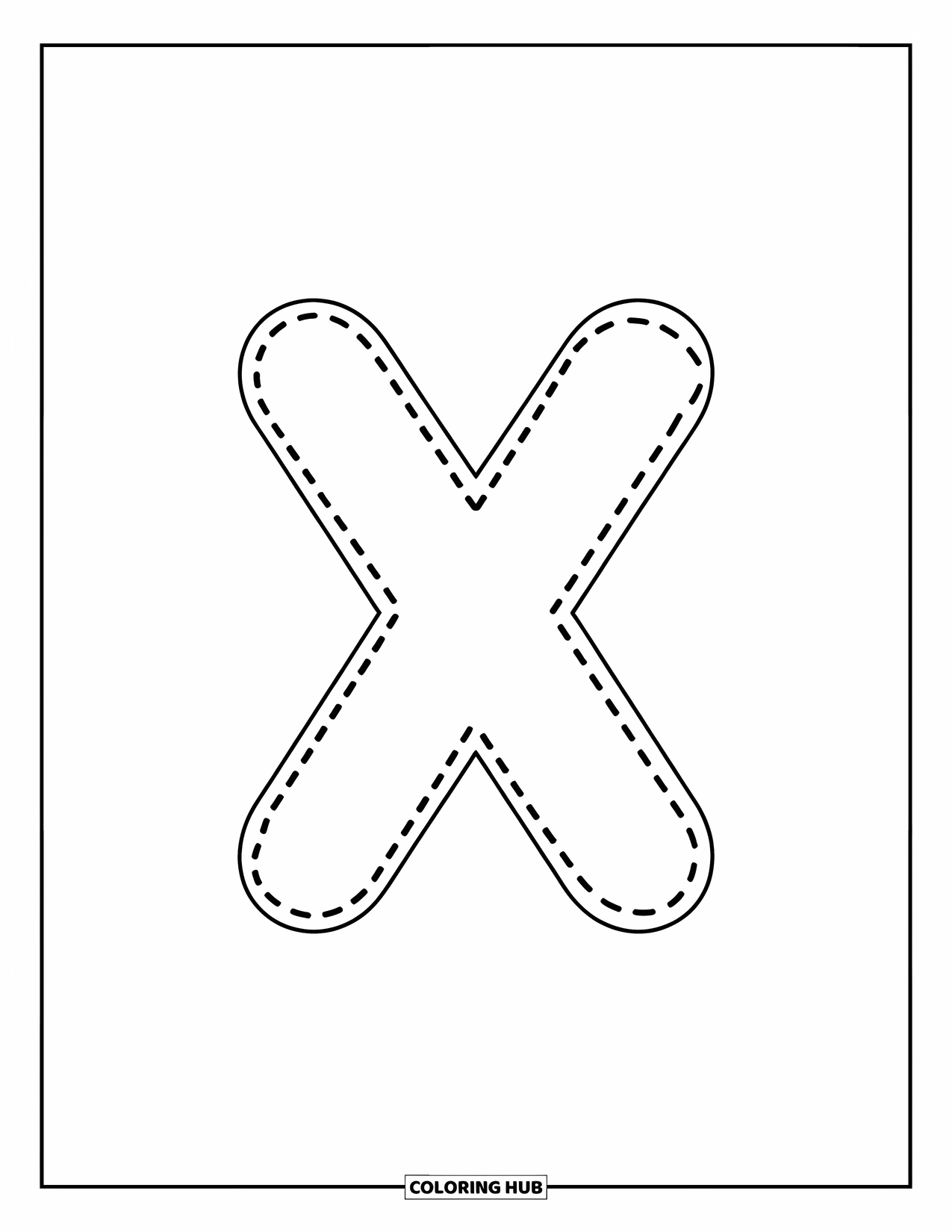 Letter X Coloring Page for Kids: Large dotted-outline X with no textures, just easy tracing fun