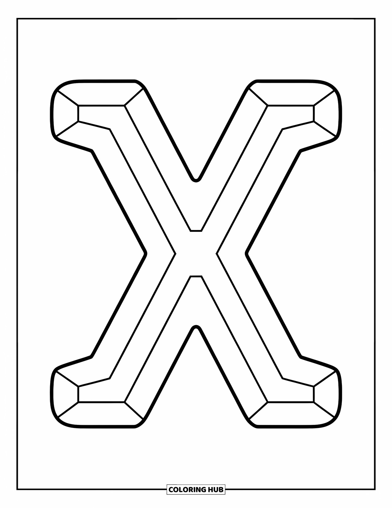 Letter X Coloring Page for Kids: Large uppercase X with bold outline and simple design for coloring