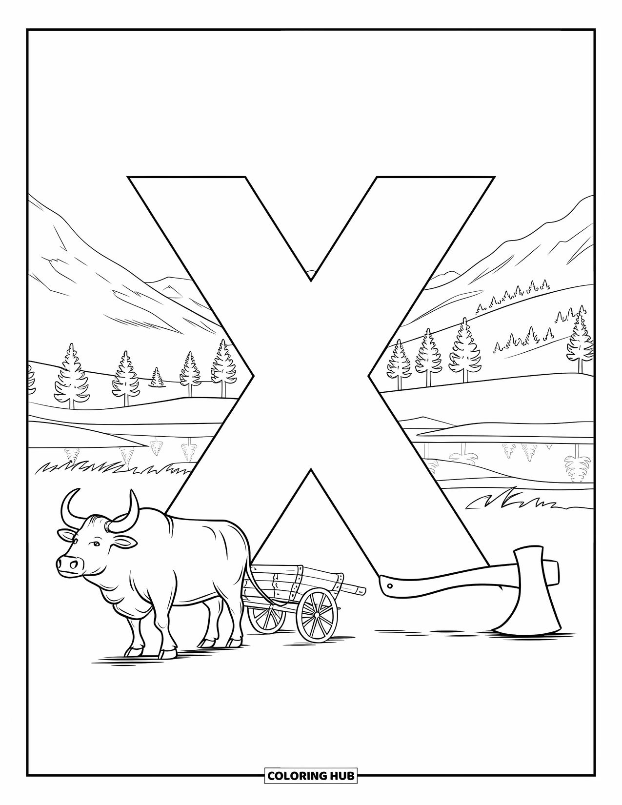 Letter X Coloring Page for Kids: Ox cart and axe in a scenic landscape around the letter X