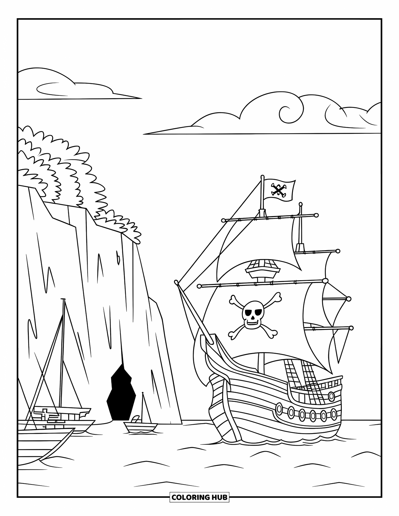 Letter X Coloring Page for Kids: Pirate ship flying an X flag by a cliffside cave