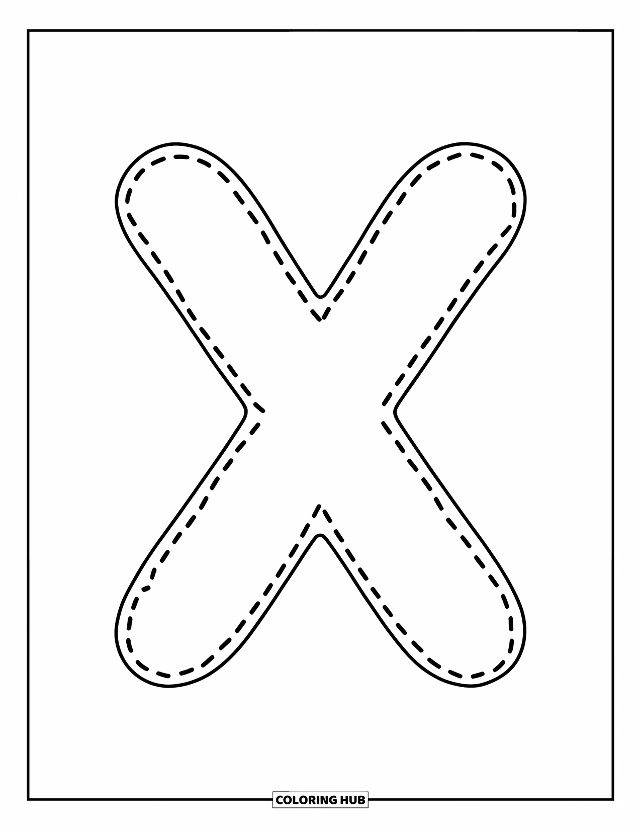 Letter X Coloring Page for Kids: Playful dotted X with slight curves for gentle tracing fun