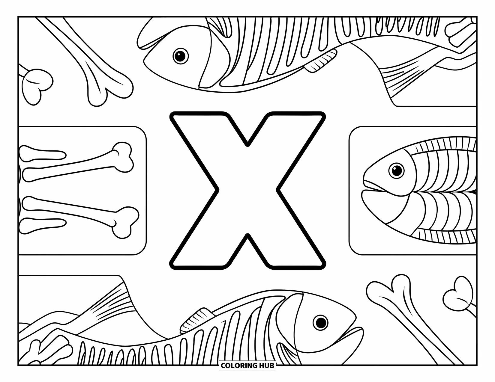 Letter X Coloring Page for Kids: Science lab scene with X, x-ray bones, and fish posters