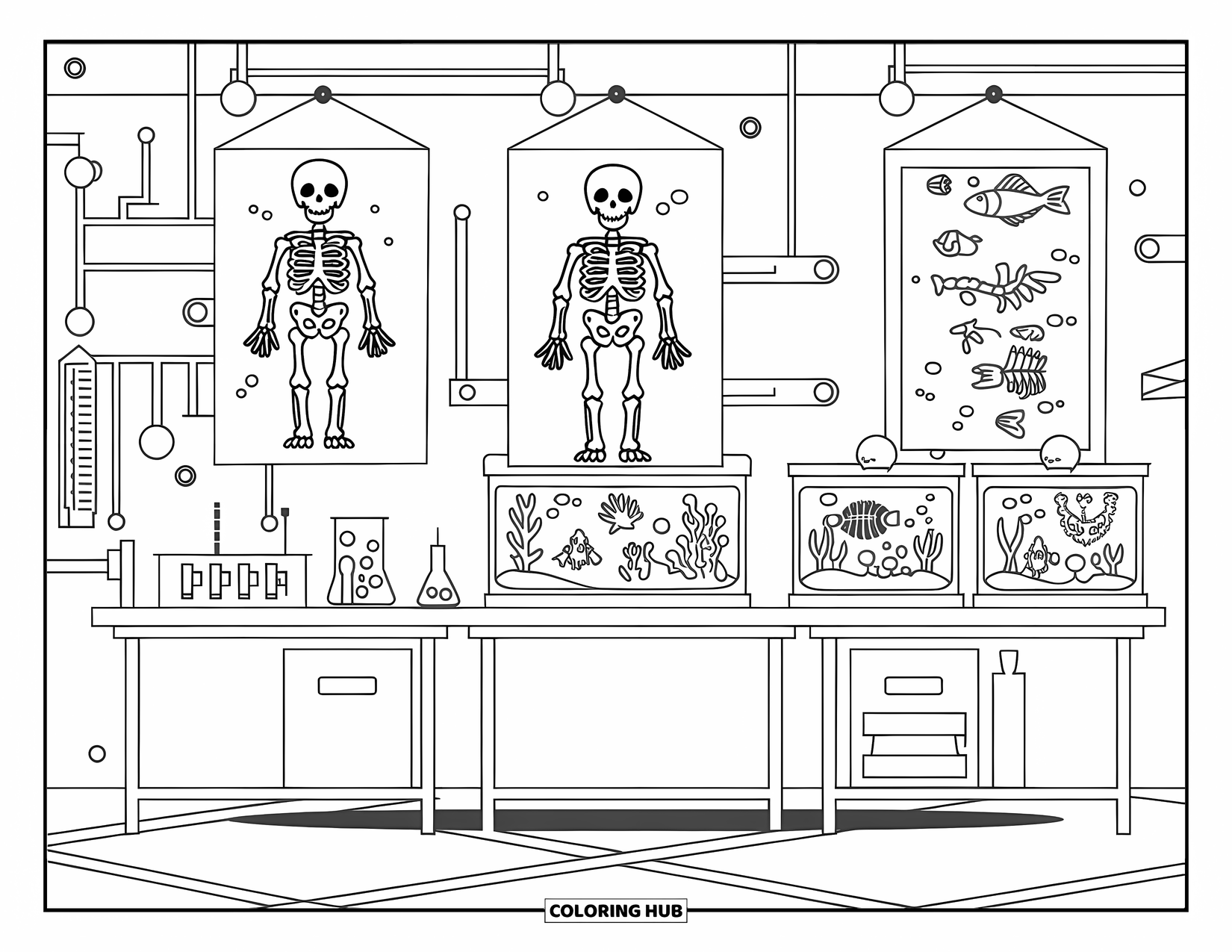 Letter X Coloring Page for Kids: Science lab with X-ray posters, marine tanks, and bone-labeled diagrams