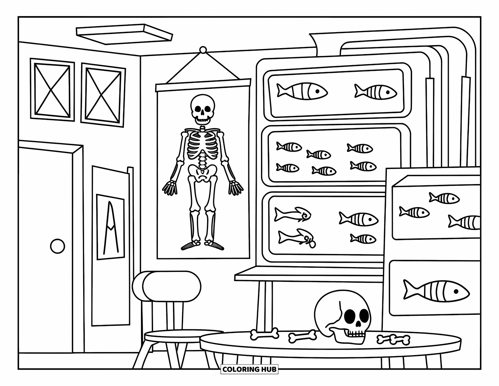 Letter X Coloring Page for Kids: Science room with X-rays, a skull table, and fish tanks