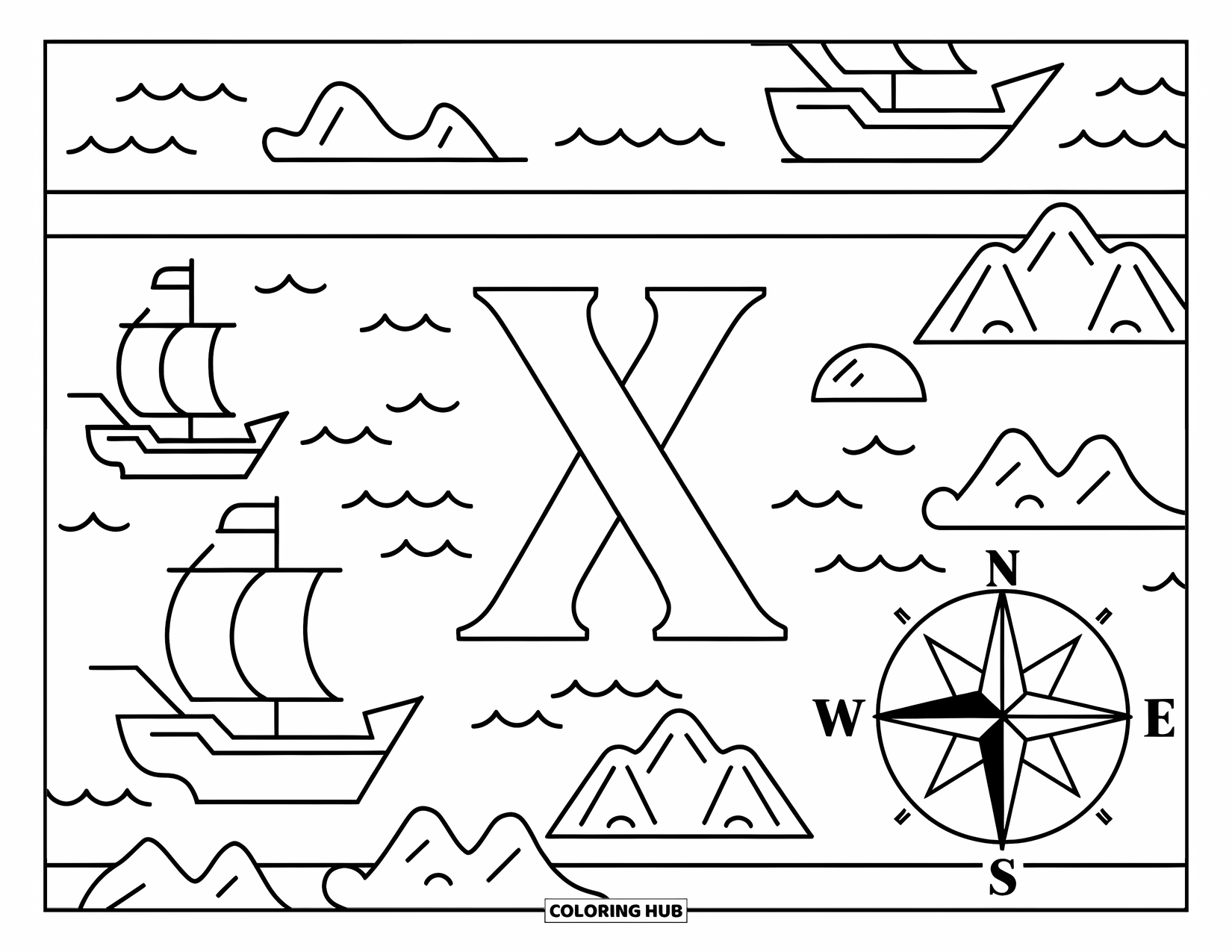 Letter X Coloring Page for Kids: Treasure map scene with a bold X and compass icons