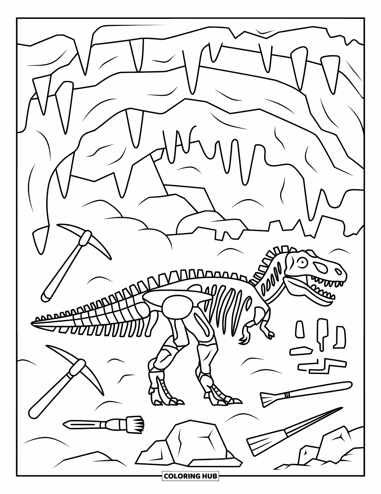 Letter X Coloring Page for Kids: Underground dig with a T-Rex fossil and paleontology tools