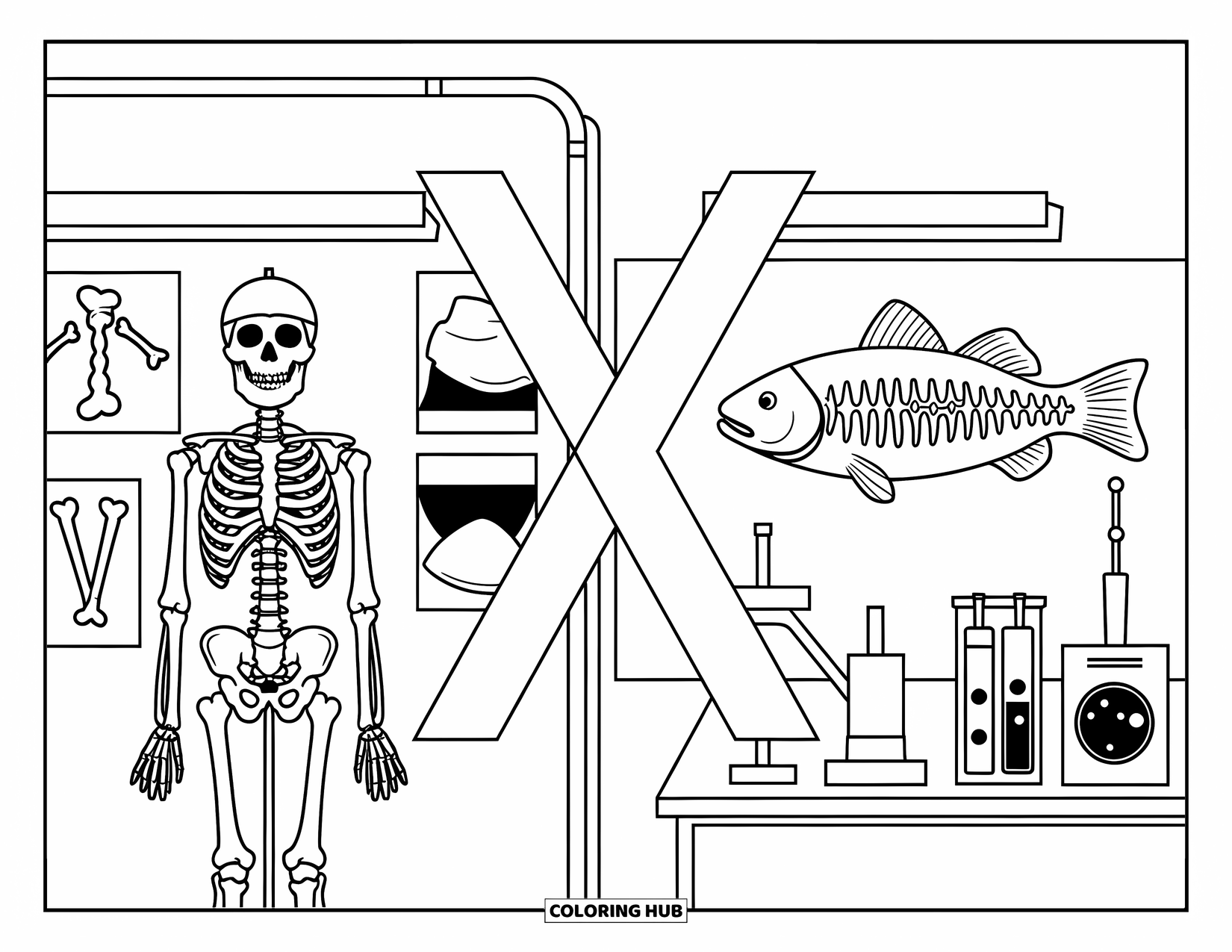 Letter X Coloring Page for Kids: X-ray lab with bones, fish, and scientific equipment around X
