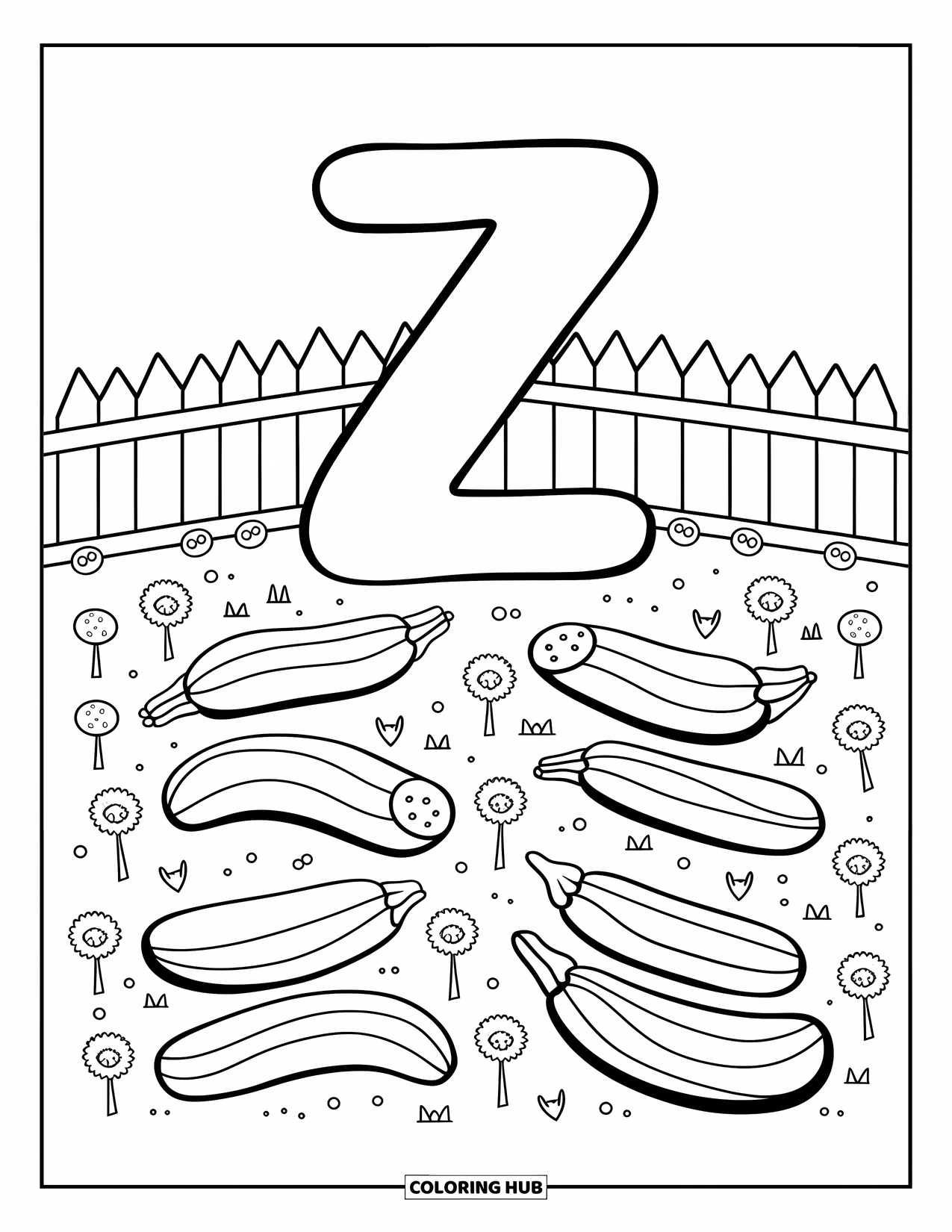 Letter Z Coloring Page for Adults: Cozy zucchini patch with Z, playful signs, and a cute fence