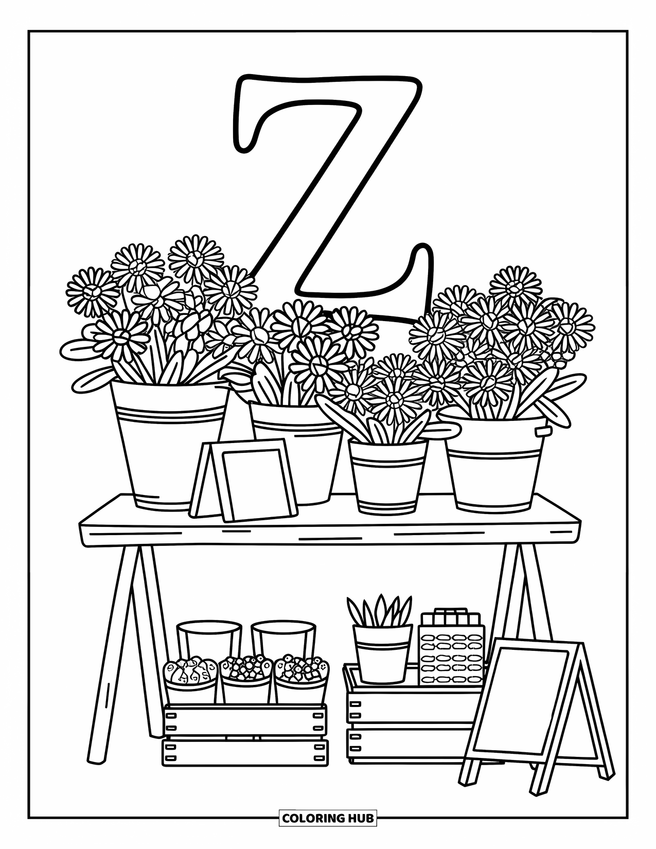 Letter Z Coloring Page for Adults: Rustic stall with Z, flower buckets, and eco-friendly wraps