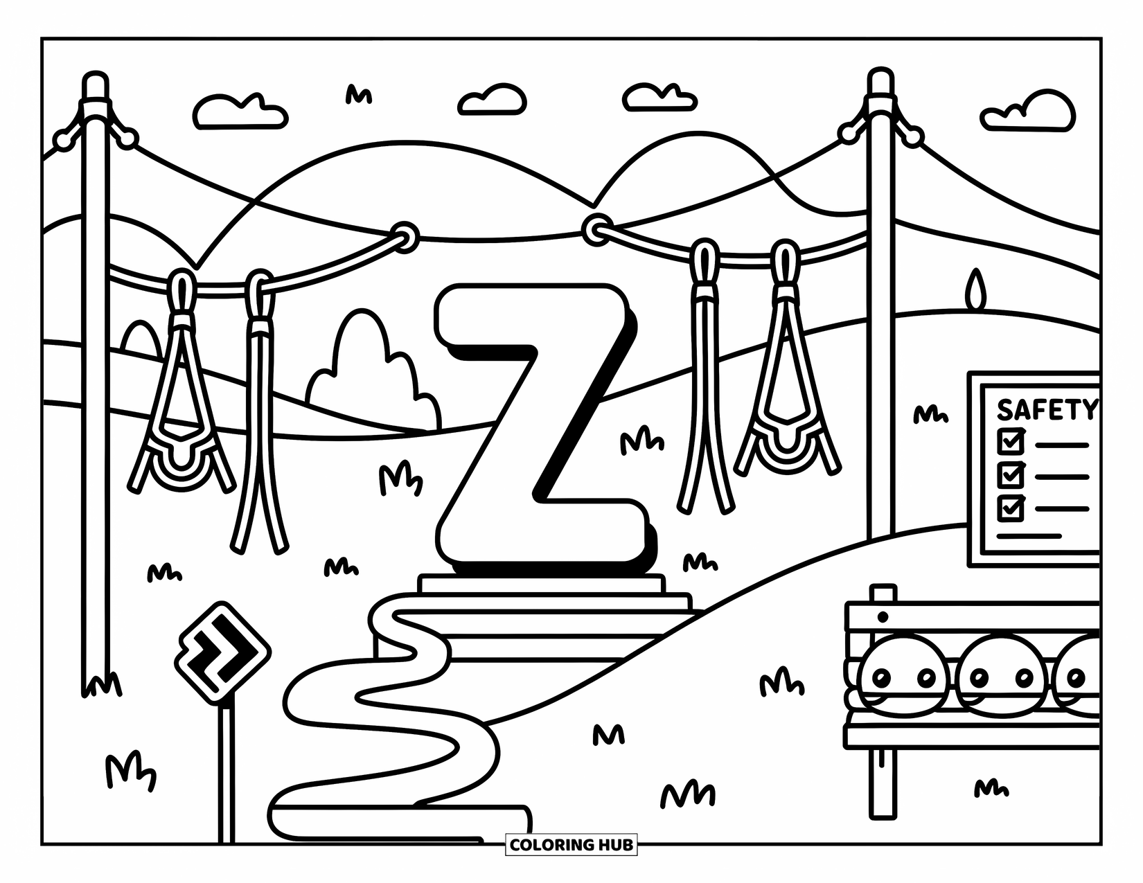Letter Z Coloring Page for Adults: Z beside a hilly zipline park with gear and cute safety signs
