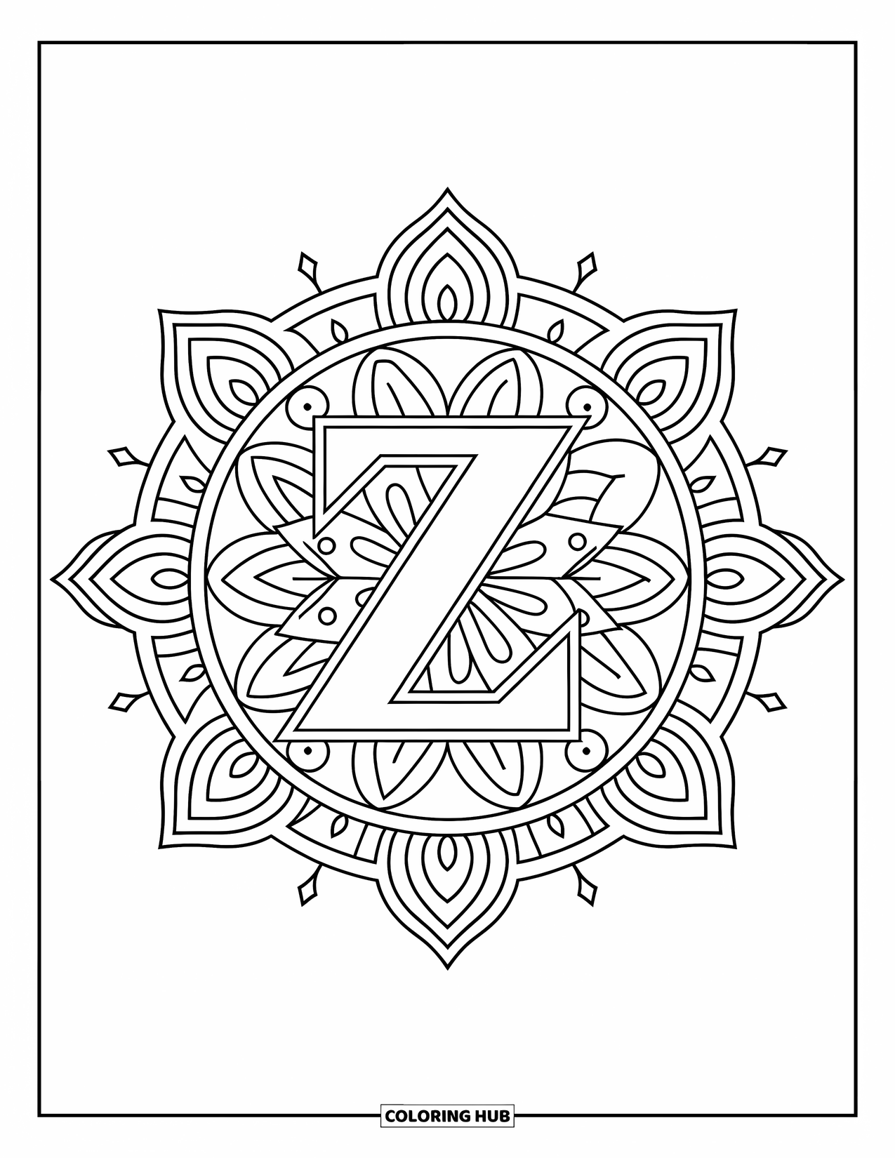 Letter Z Coloring Page for Adults: Z framed by a ring of symmetrical lotus and sharp flourishes