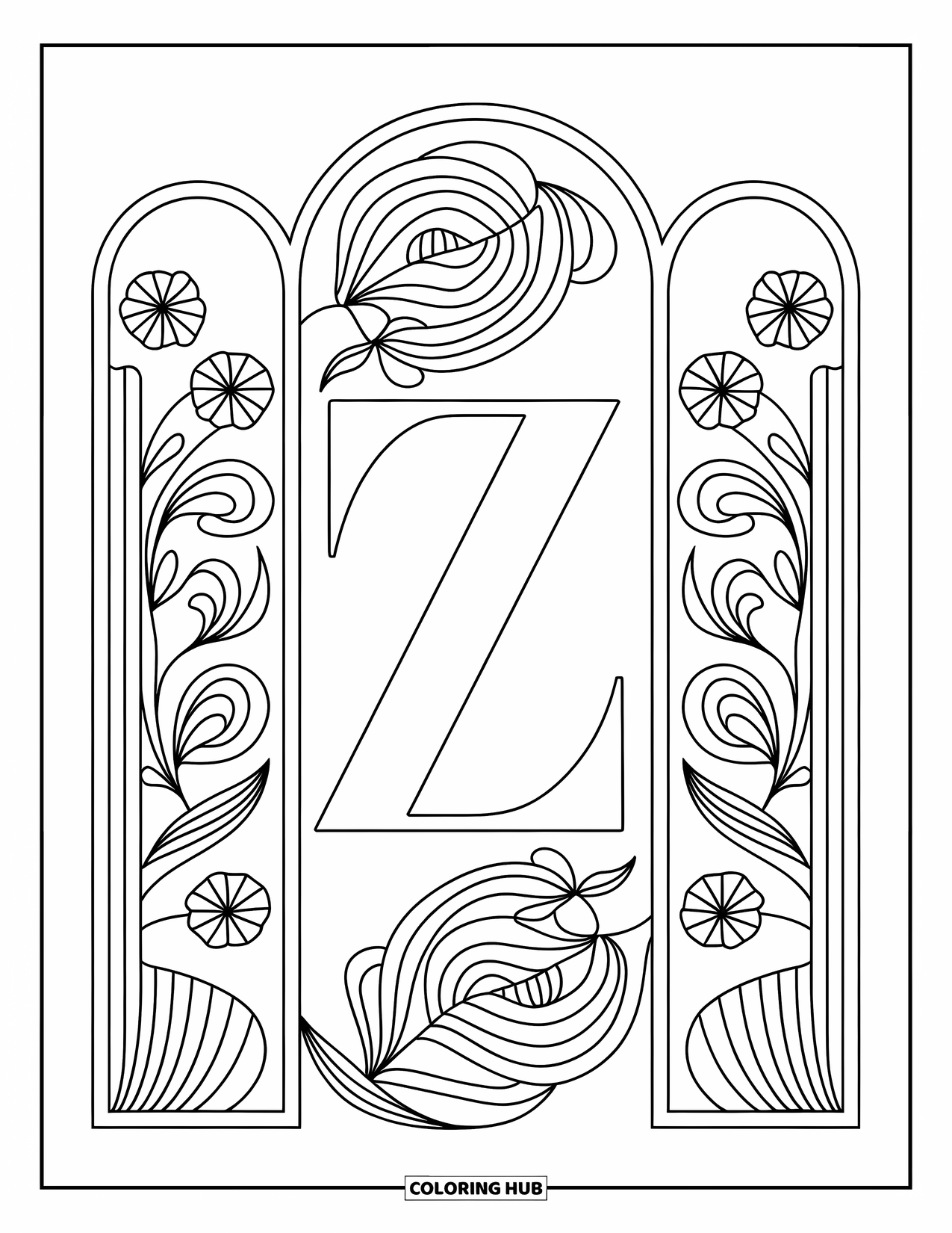 Letter Z Coloring Page for Adults: Z framed by elegant spirals and botanical arches