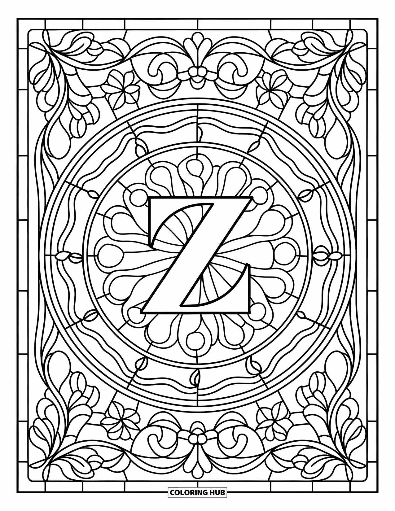 Letter Z Coloring Page for Adults: Z framed by flowers, vines, and swirling stained glass patterns