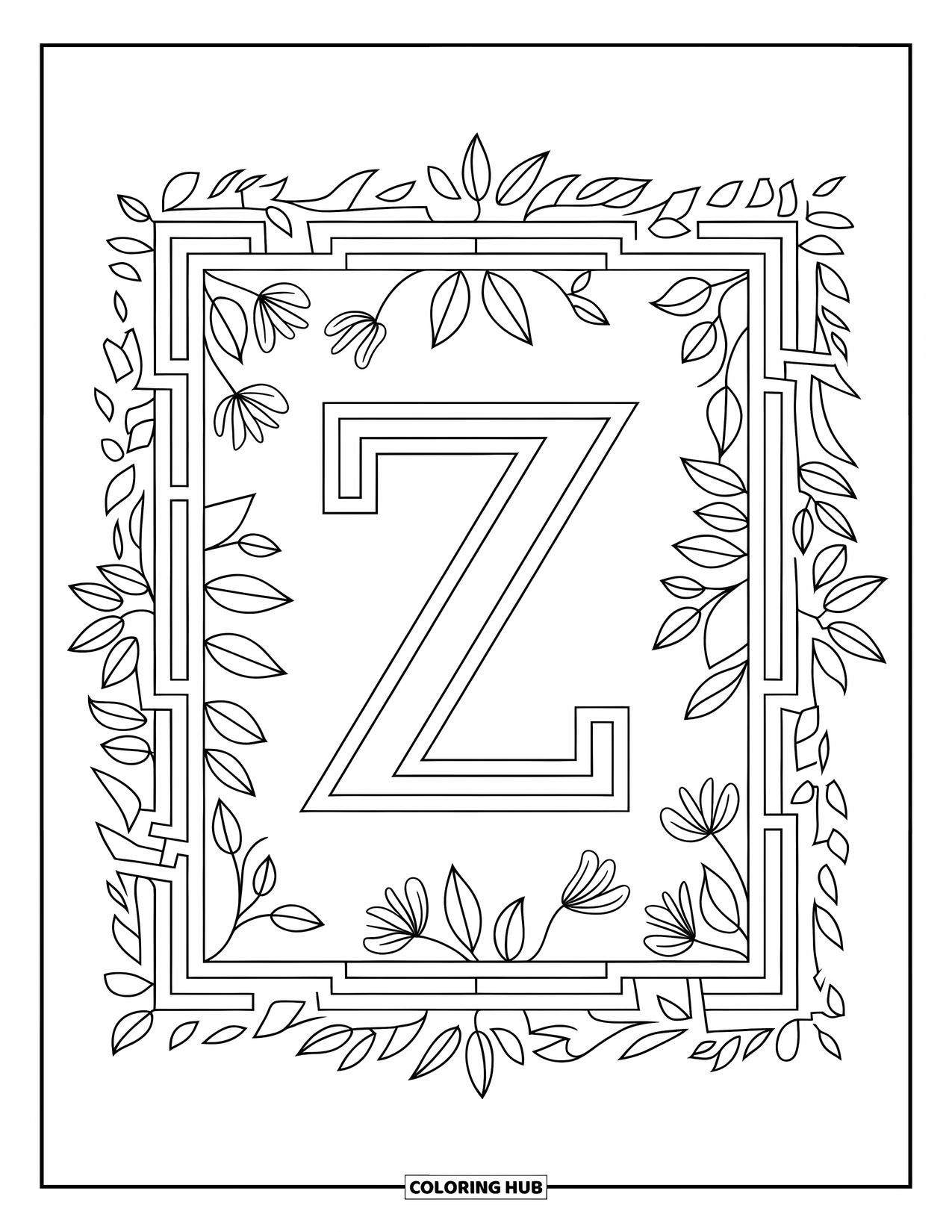 Letter Z Coloring Page for Adults: Z framed with floral and zigzag accents in a bold border
