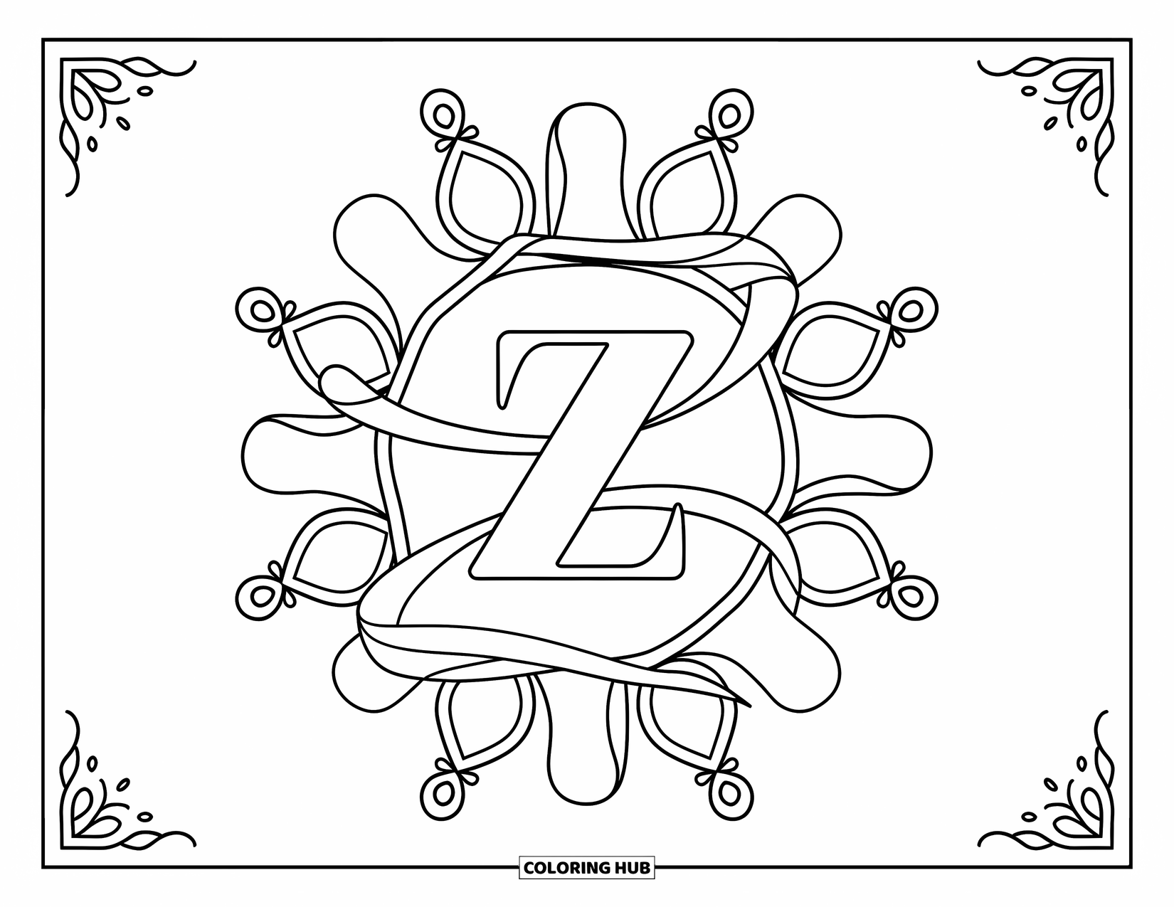 Letter Z Coloring Page for Adults: Z in the center of a flowing ribbon mandala with floral accents