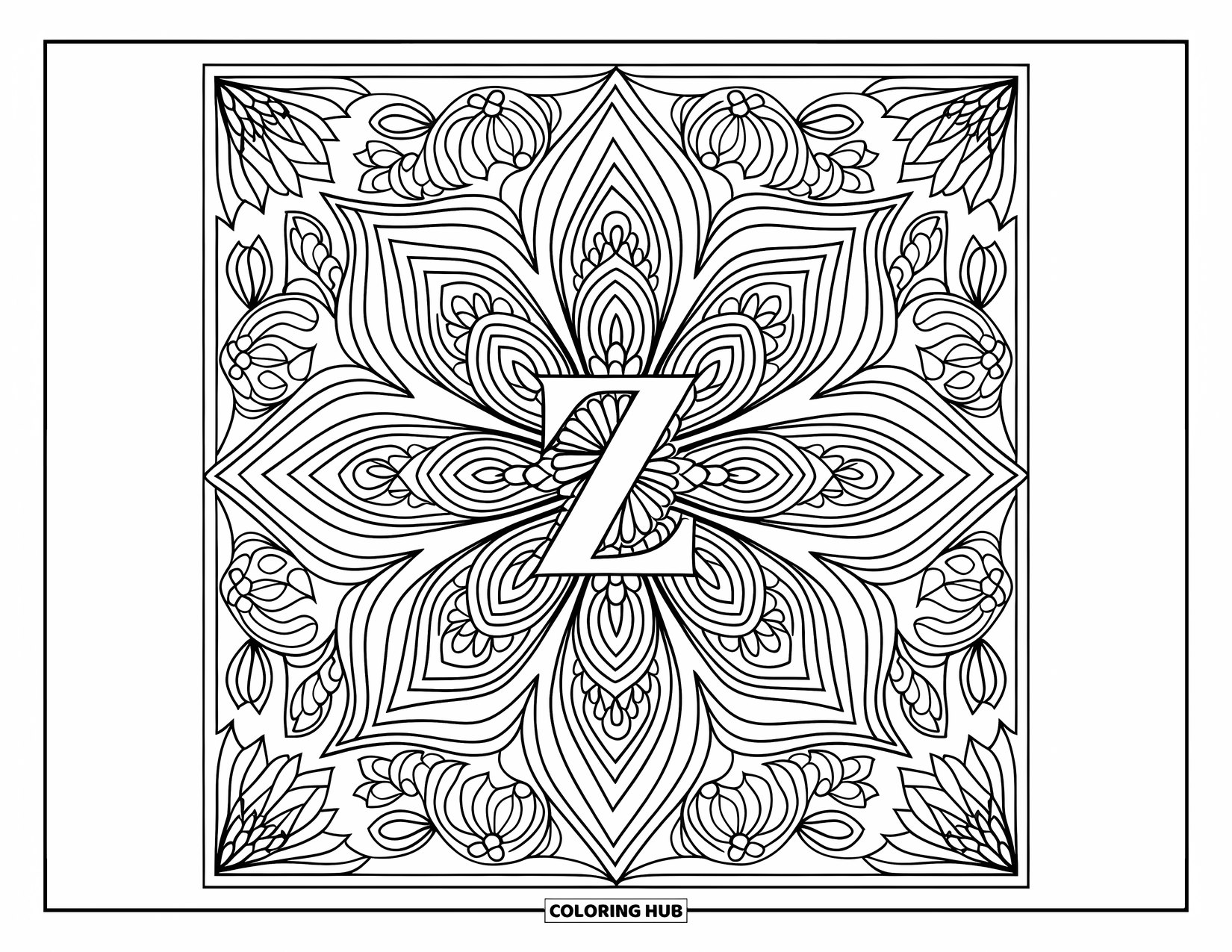 Letter Z Coloring Page for Adults: Z in the middle of a kaleidoscope of zigzag petals and paisleys