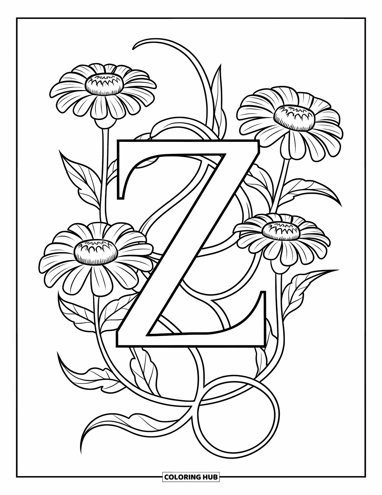 Letter Z Coloring Page for Adults: Z in the middle of an ornate vine and zinnia flower scene