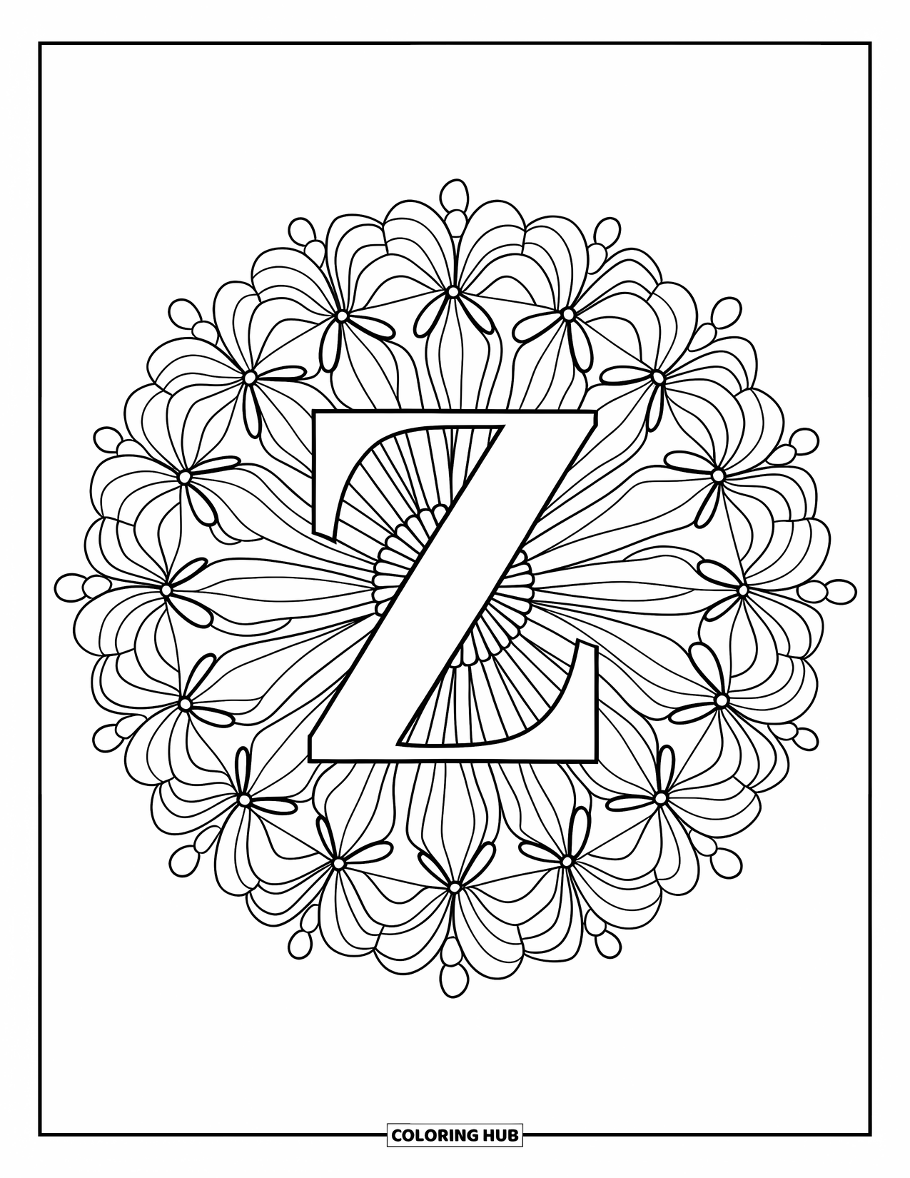 Letter Z Coloring Page for Adults: Z in the middle of flower bursts, lines, and dotted accents