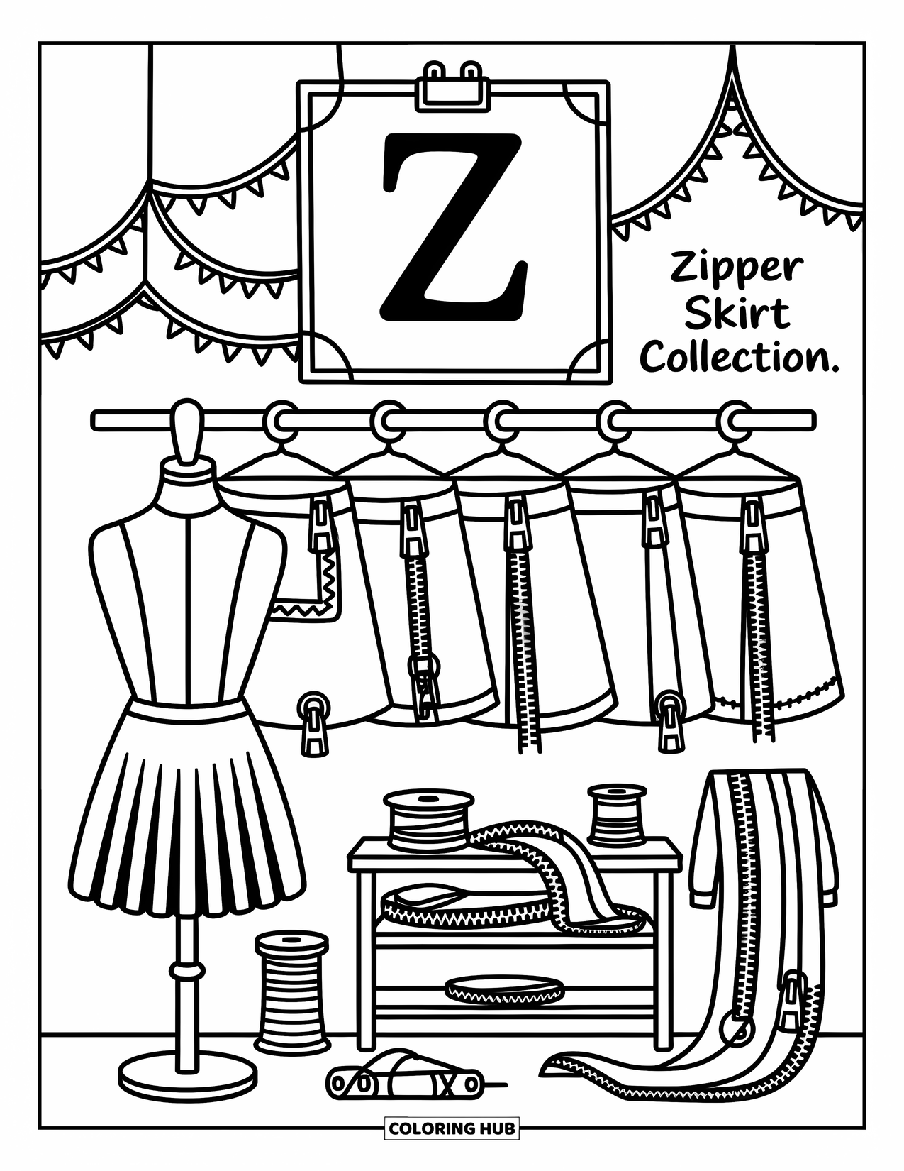 Letter Z Coloring Page for Adults: Z on a fashion board for zipper skirts with cute skirt styles