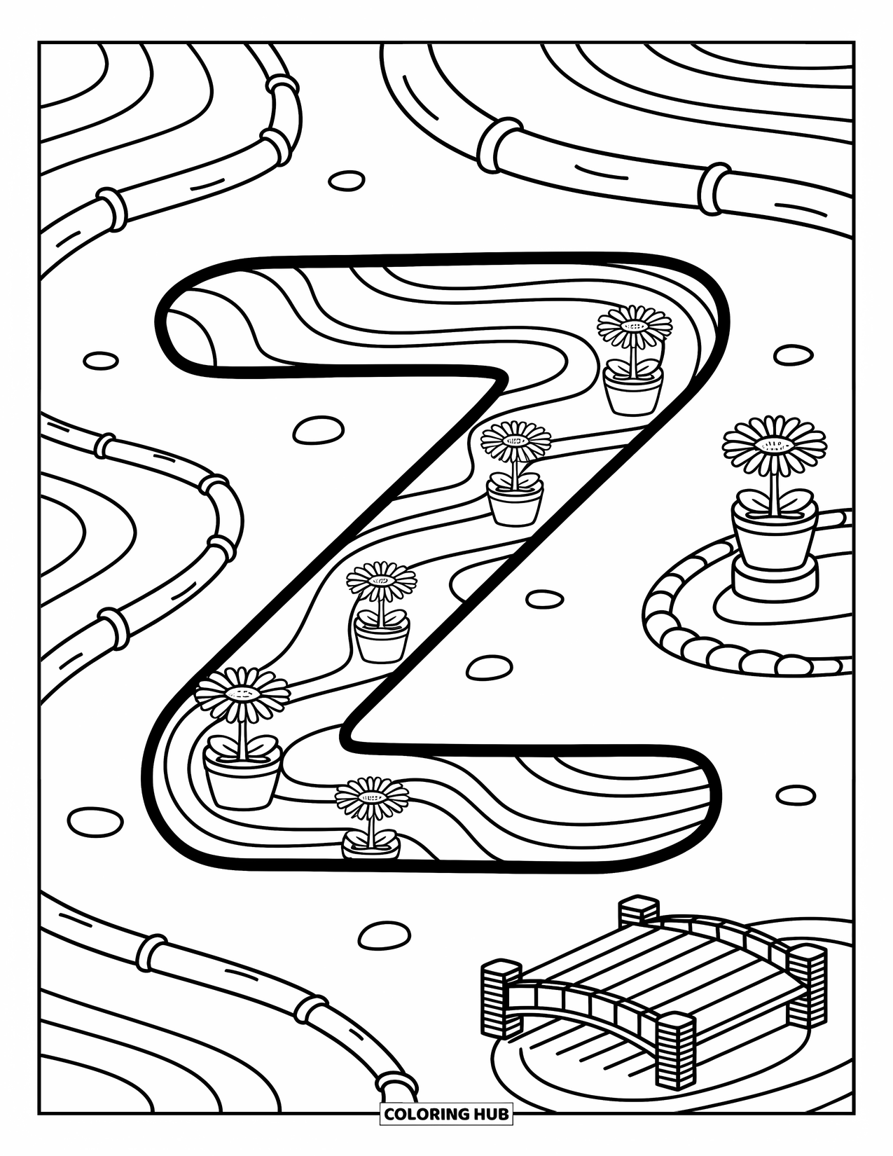 Letter Z Coloring Page for Adults: Z sits in a zen garden with pots, sand, and bamboo pieces