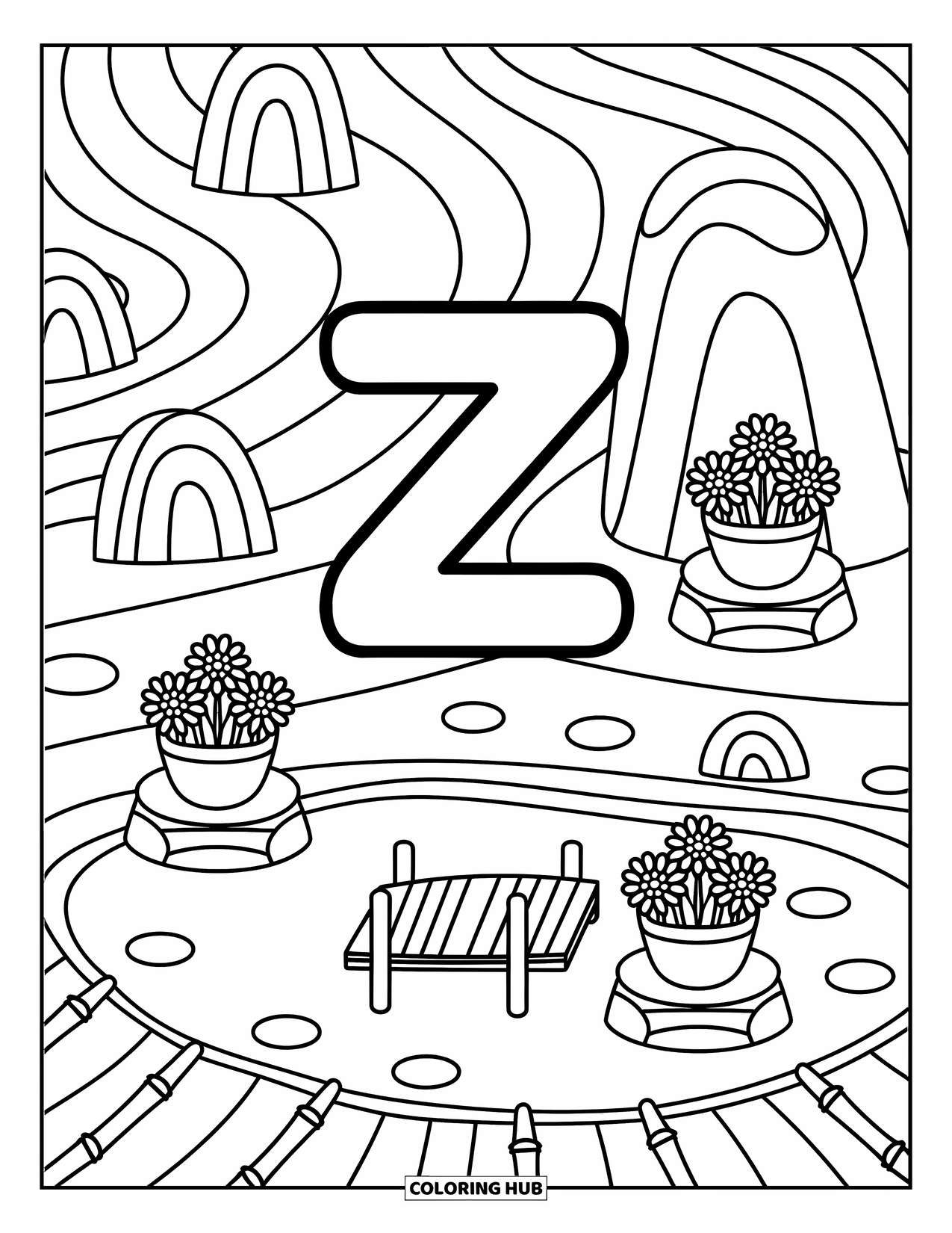 Letter Z Coloring Page for Adults: Z stands among raked sand, zinnias, and a cozy pond bridge
