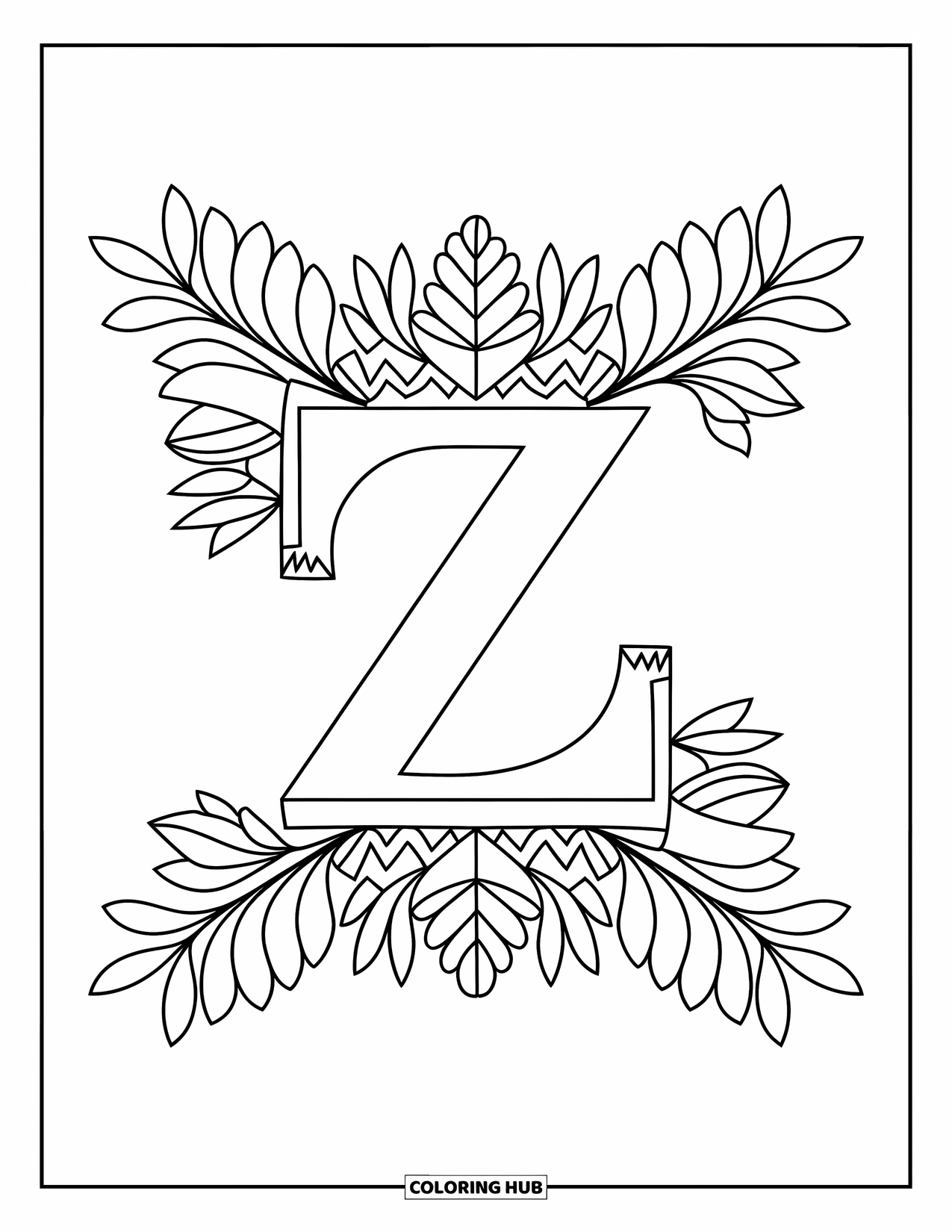 Letter Z Coloring Page for Adults: Z with a floral and zigzag frame of intricate leaves