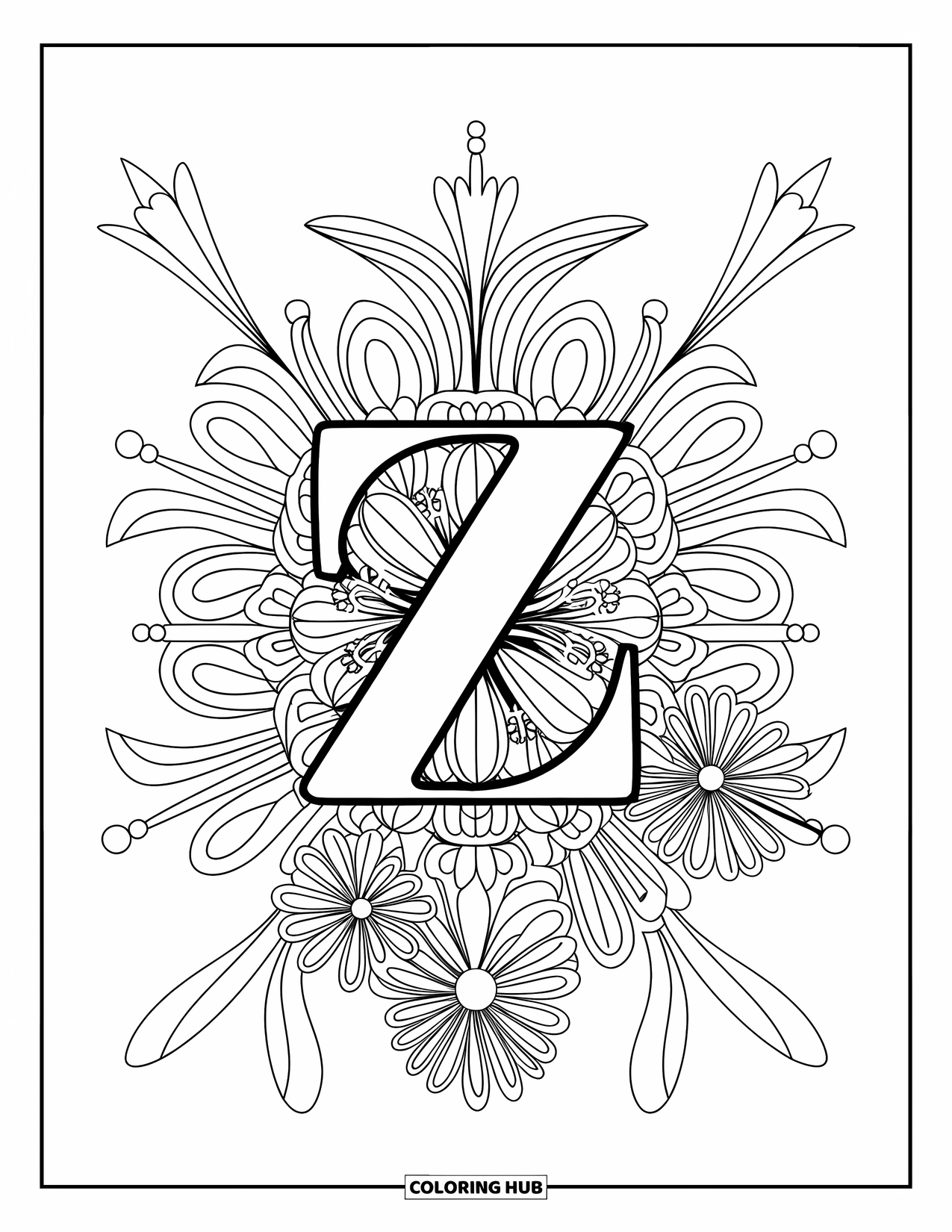 Letter Z Coloring Page for Adults: Z with detailed zinnia bursts and patterned dotwork around it