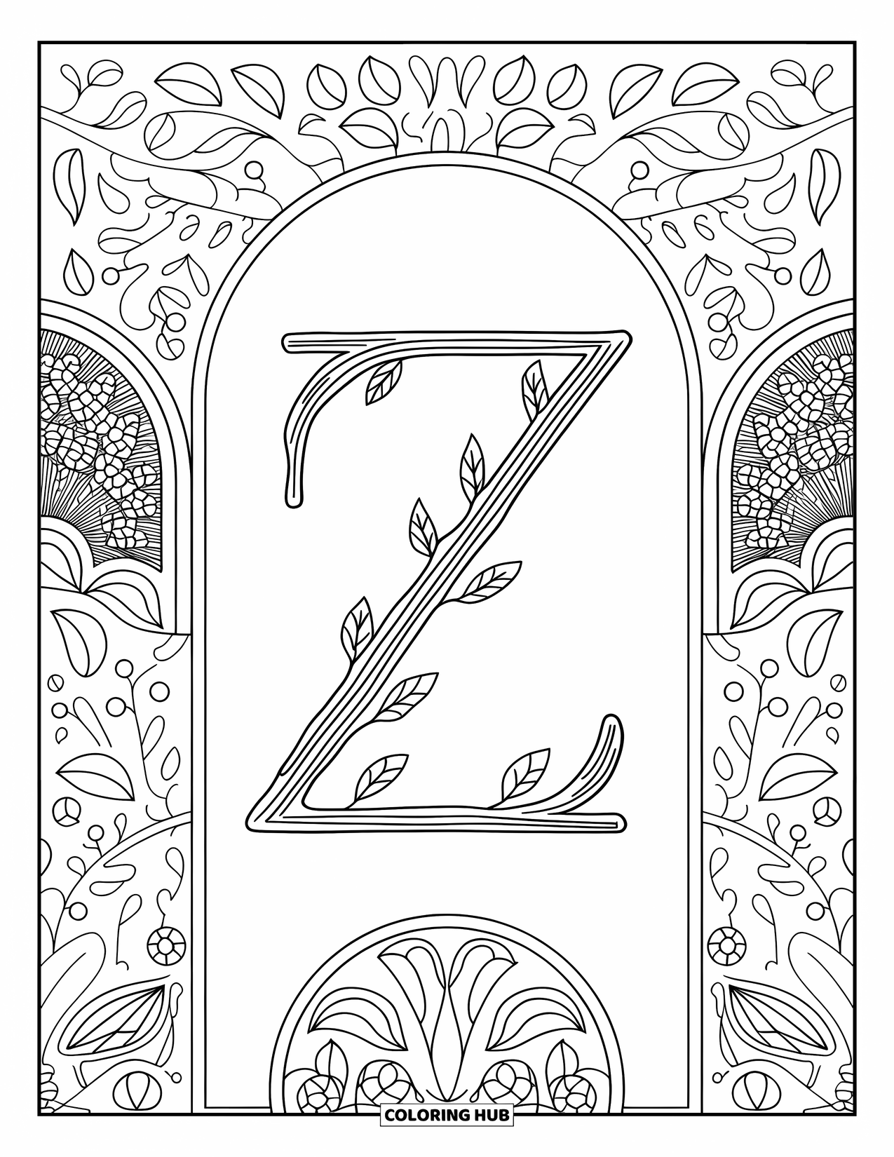 Letter Z Coloring Page for Adults: Z wrapped in floral spirals and leafy botanical arches
