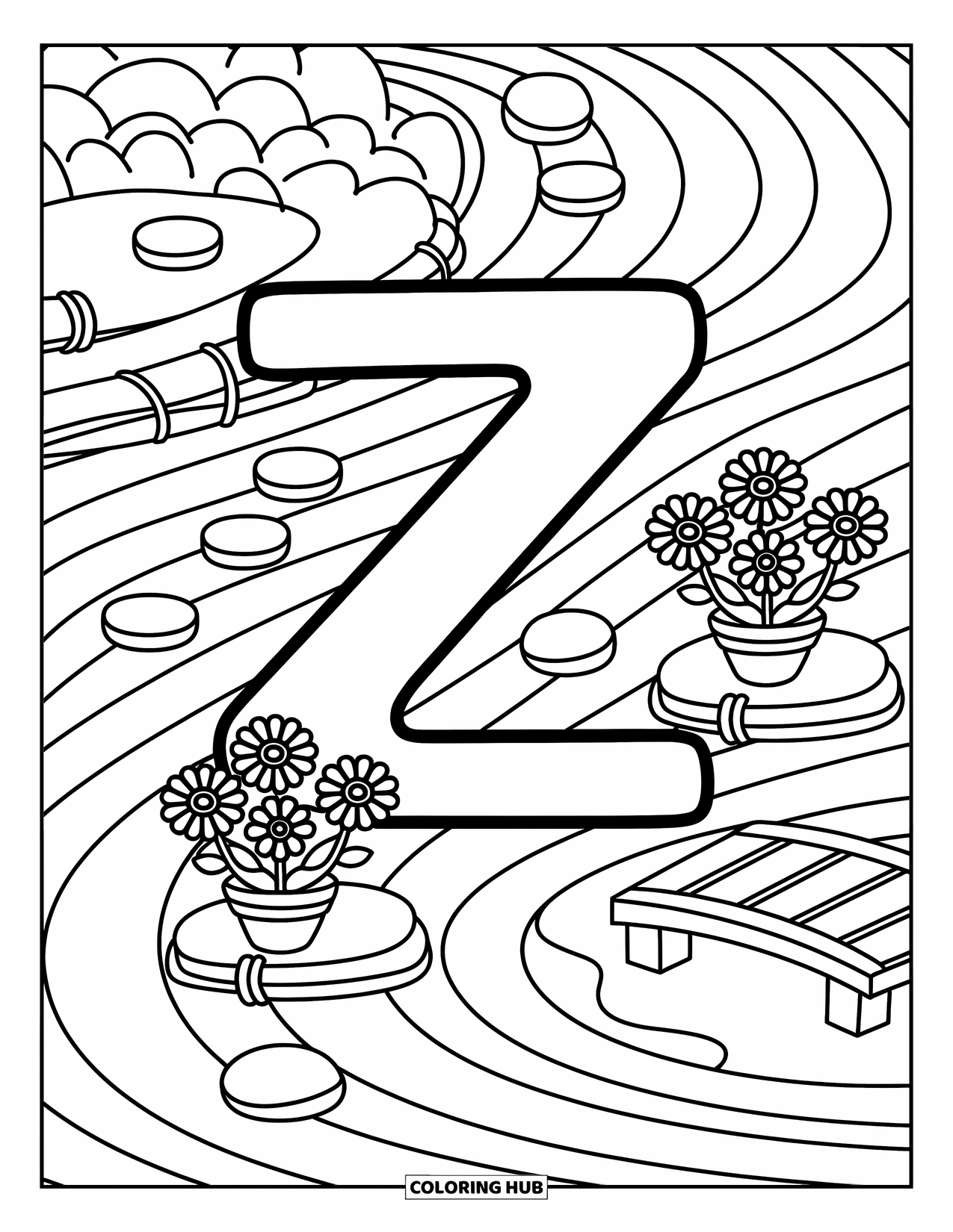 Letter Z Coloring Page for Adults: Zen garden with Z, zinnias in pots, and a wooden bridge